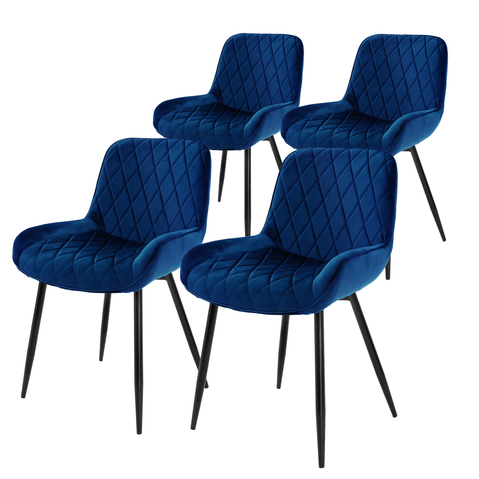 Cuatro sillas azules con acolchado en forma de diamante sobre patas negras.