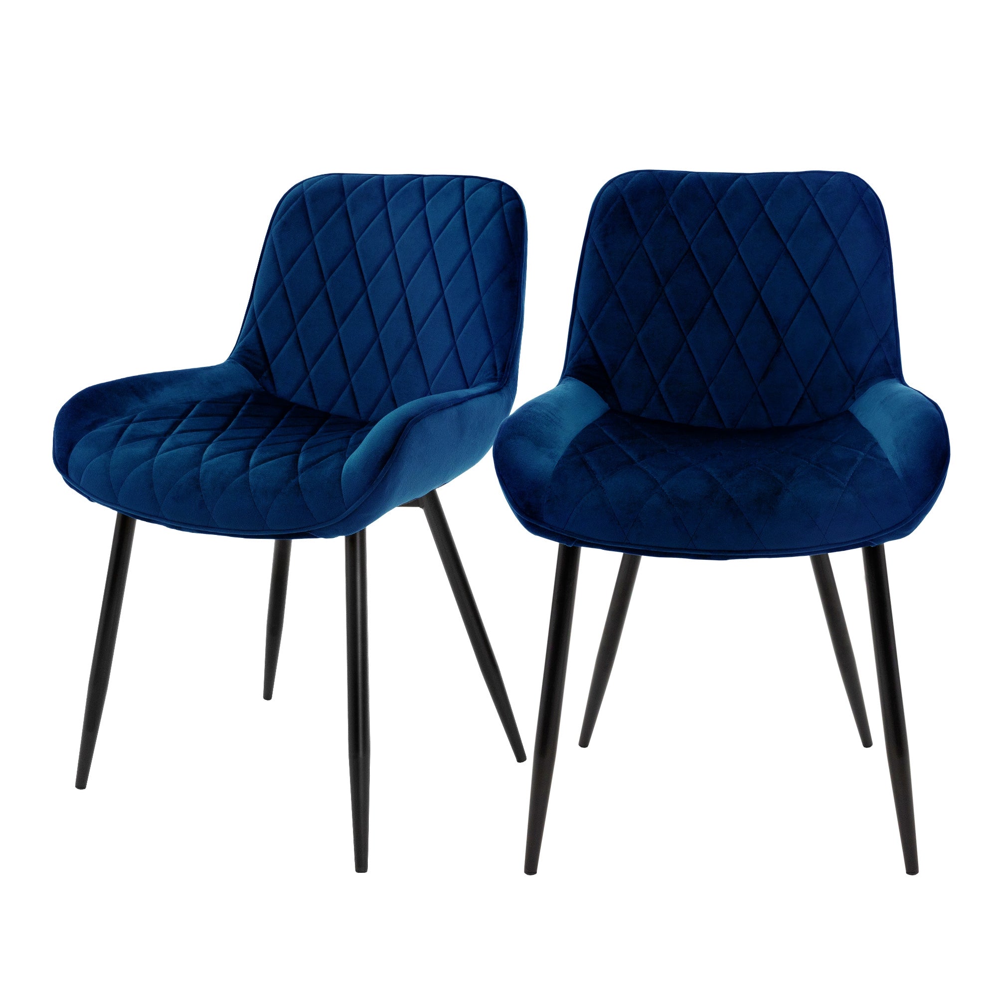 Zwei blaue Stühle mit gepolsterten Sitzen und schwarzen Beinen.