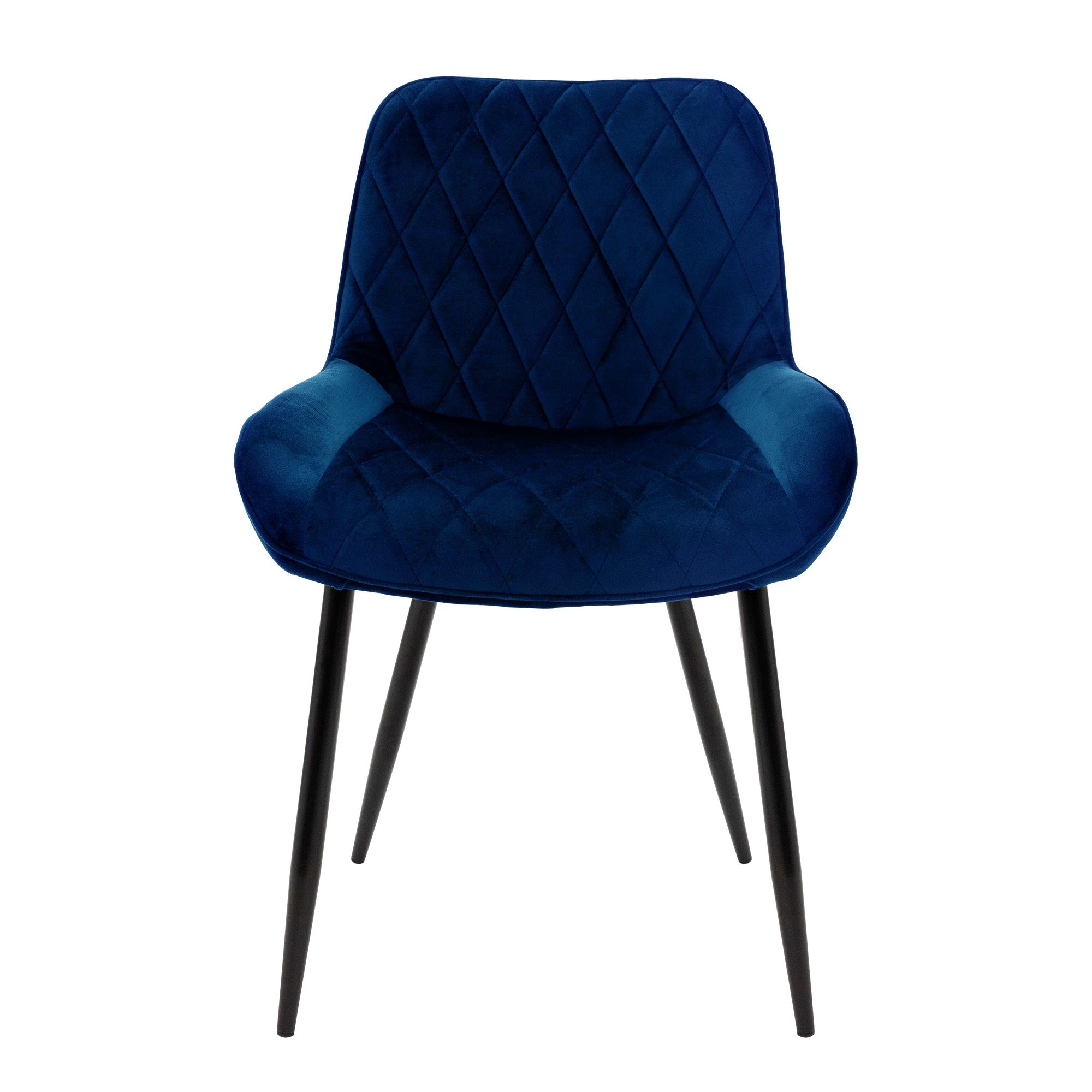 Vorderansicht eines blauen Stuhls mit Rautenmuster und schwarzen Beinen.