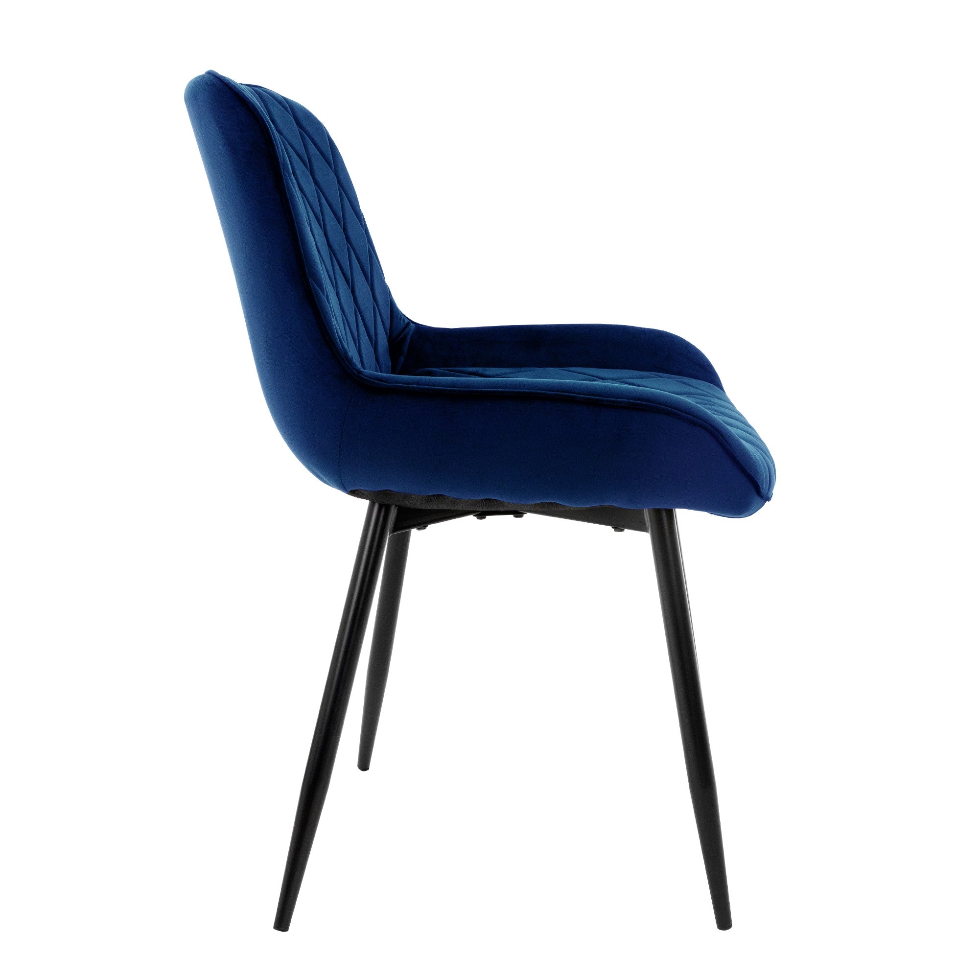 Seitenansicht eines blauen Stuhls mit gestepptem Design.
