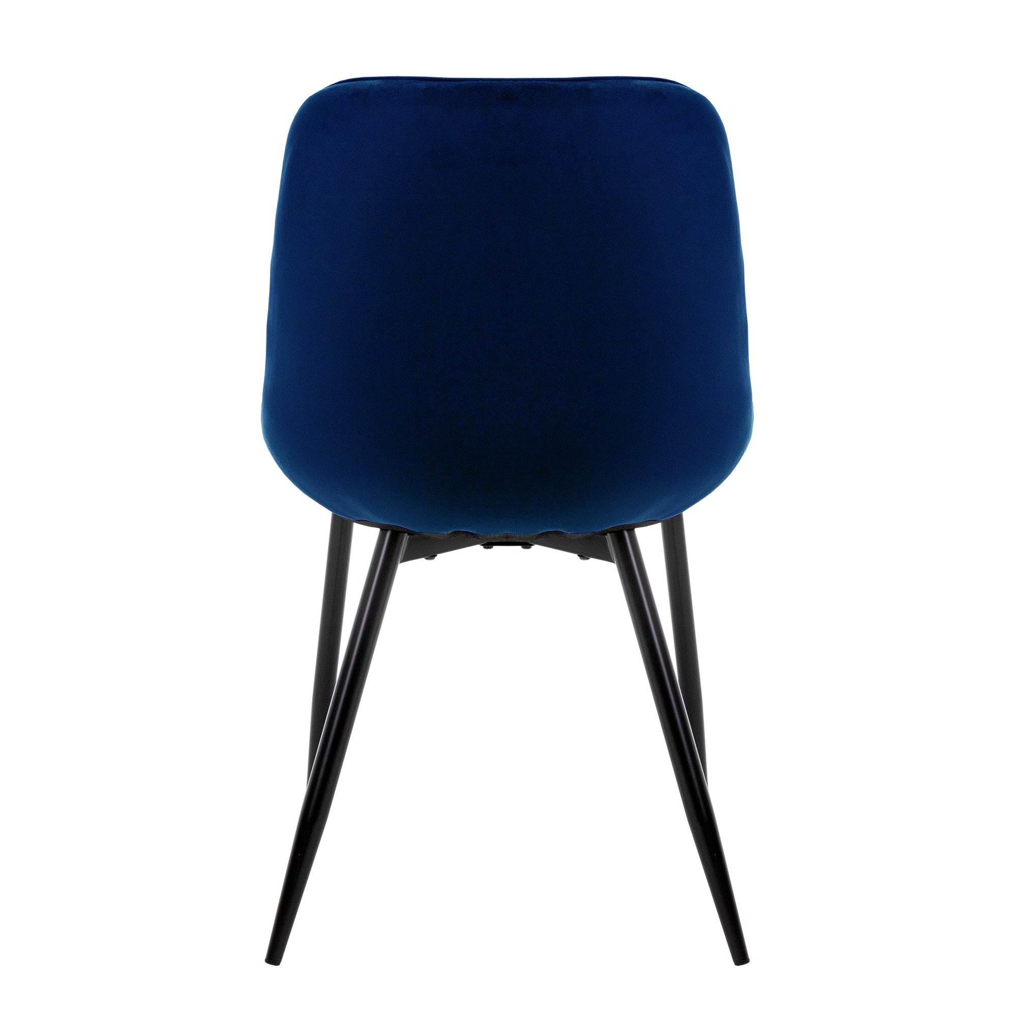 Rückansicht eines blauen Stuhls mit schwarzen Beinen.