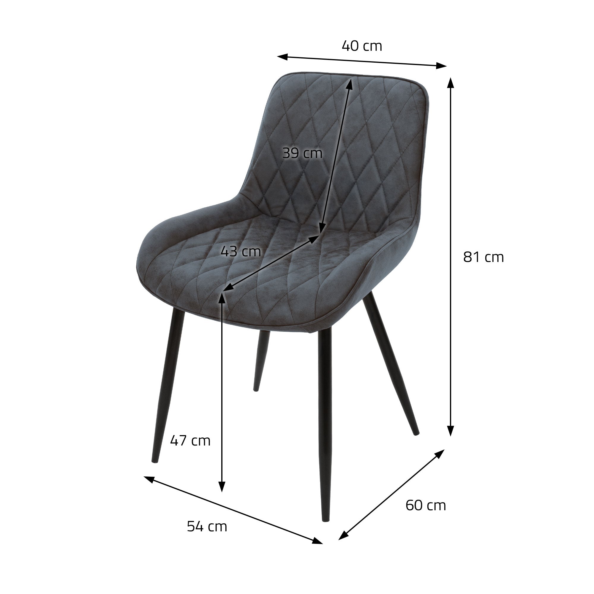 Black chair with measurements in centimeters.
