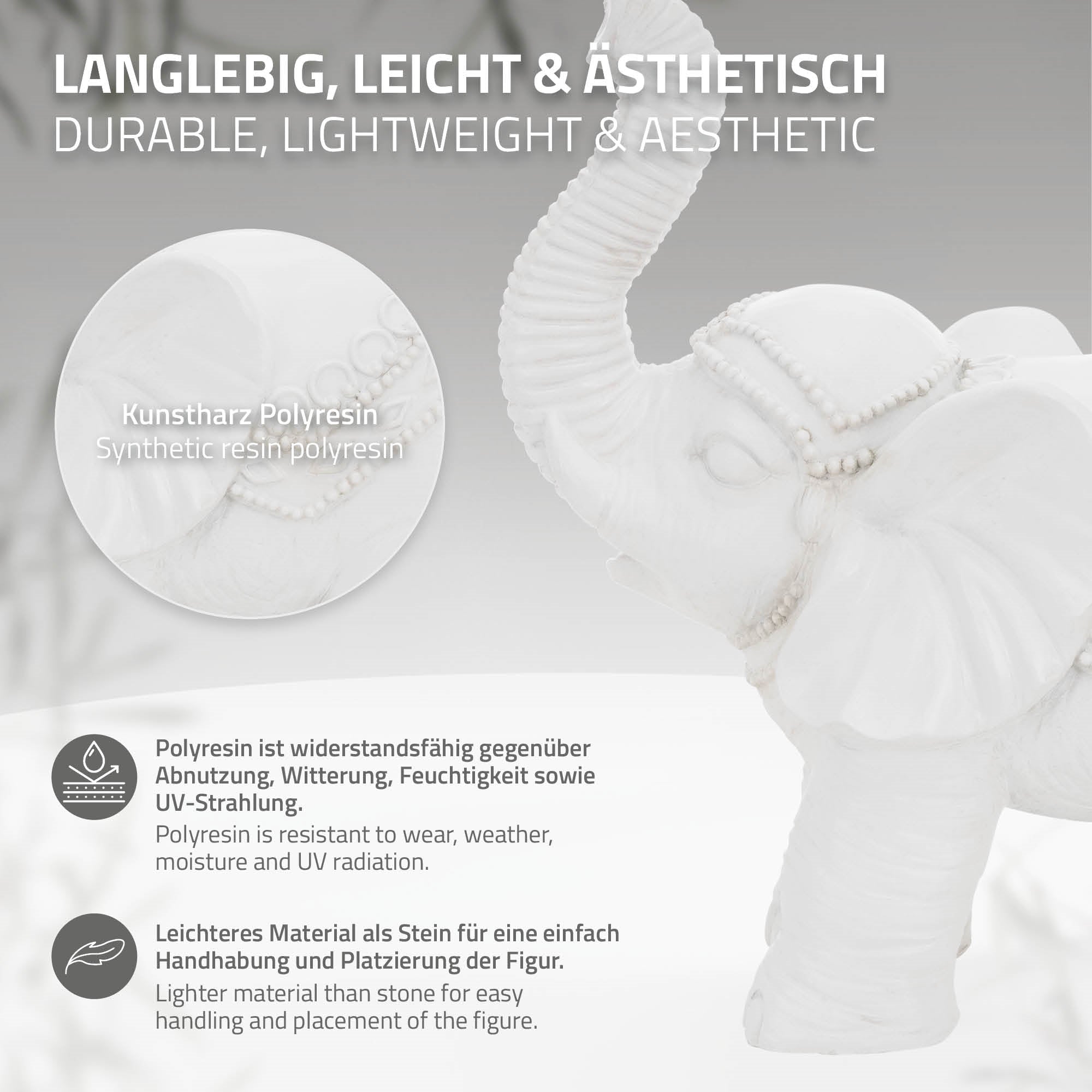 Weißer Elefant aus Kunstharz auf grauem Hintergrund, mit Text über Materialeigenschaften.