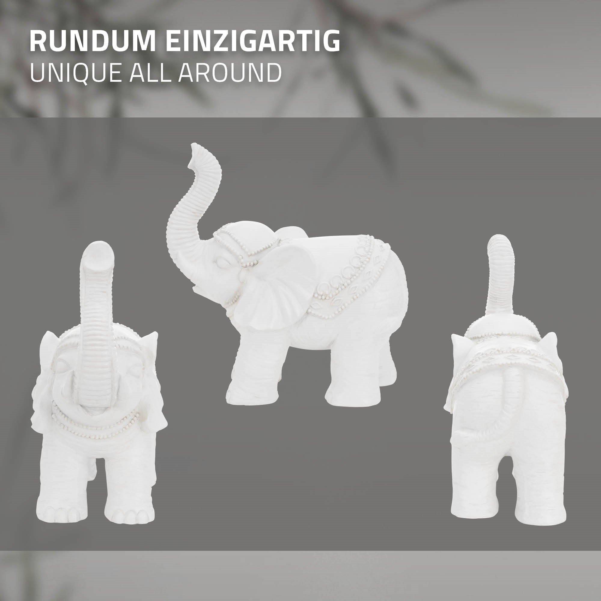 Weißer Elefant aus Kunststoff, Ansicht von vorne, hinten und seitlich.