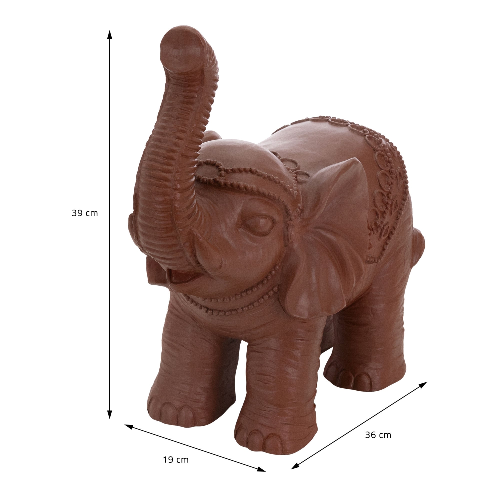 Figura di elefante marrone in ceramica con misure.