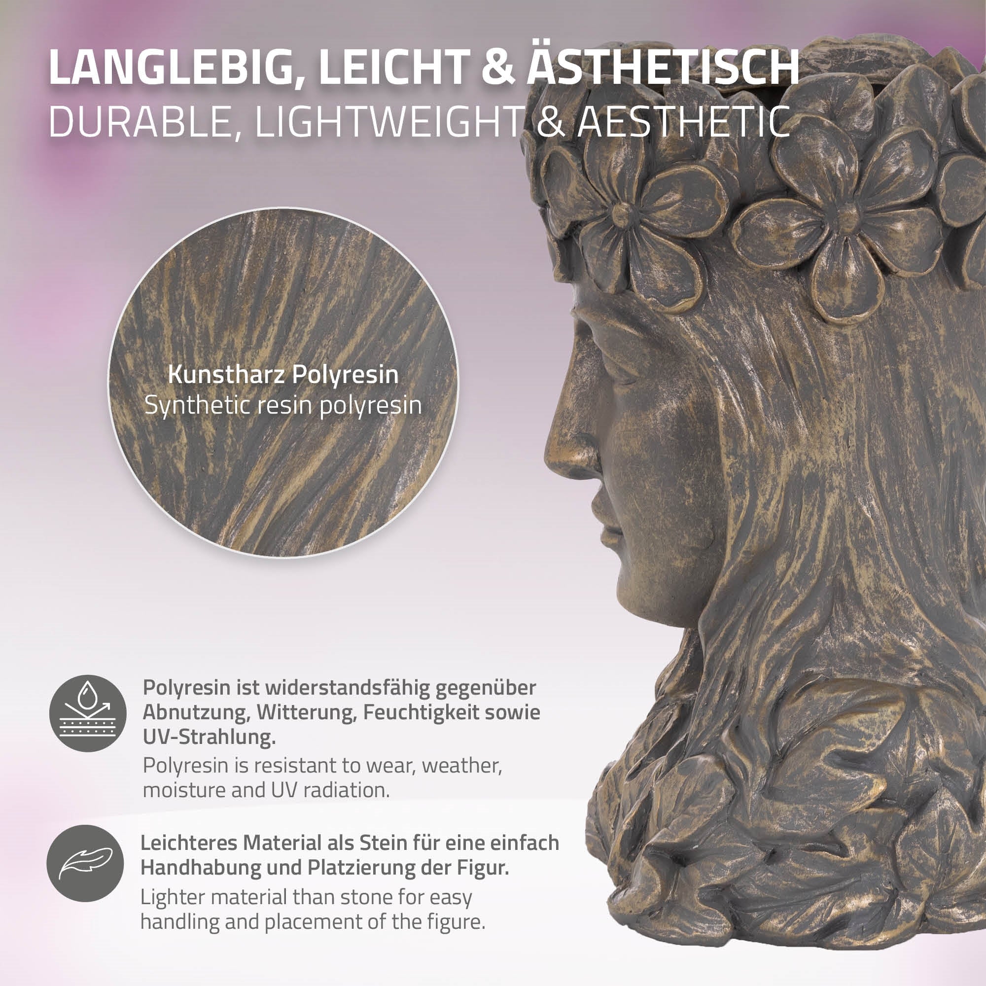 Informationen über die Materialeigenschaften des Buddha-Kopfes.