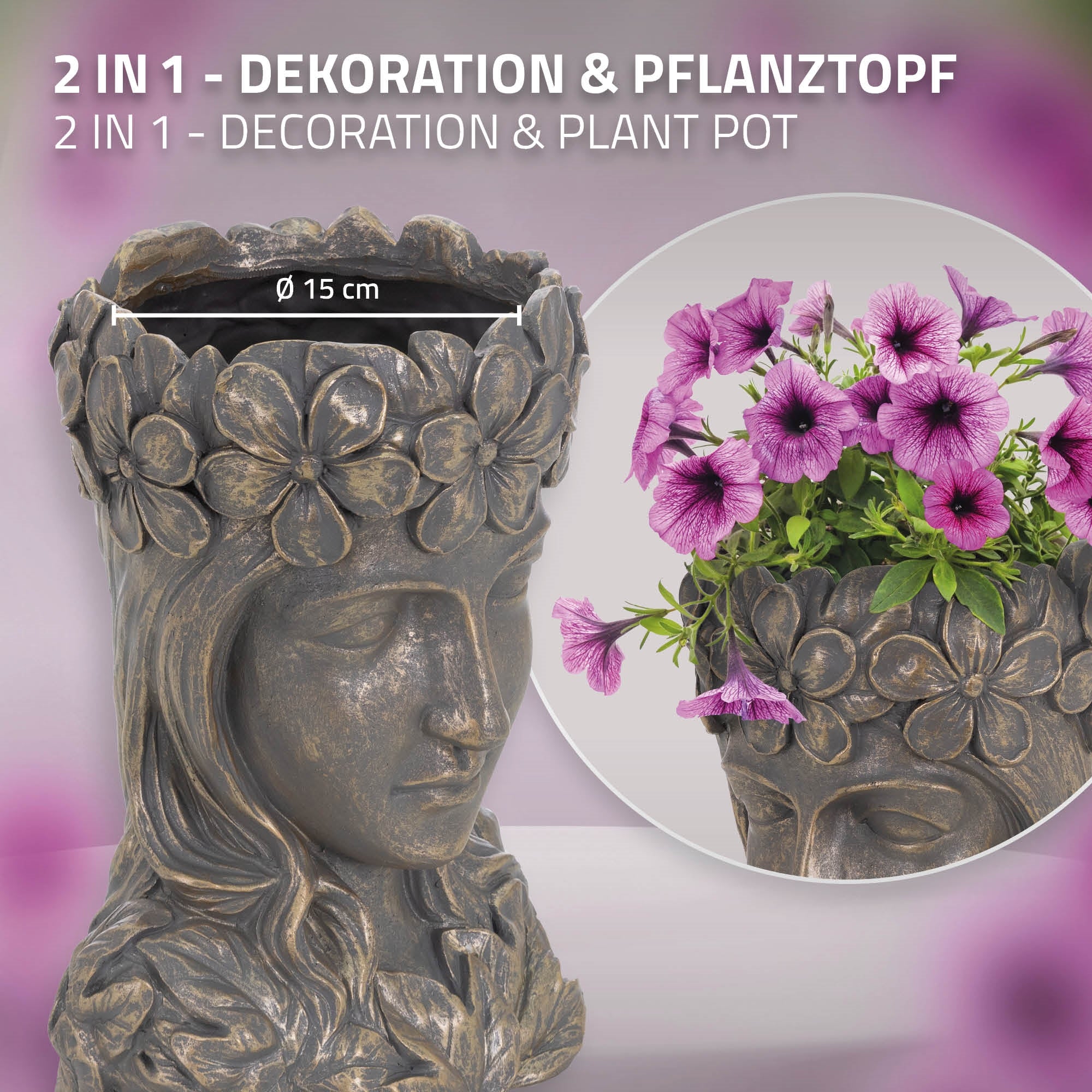 Dekorativer Pflanztopf in Form eines Frauenkopfes mit Blumen.