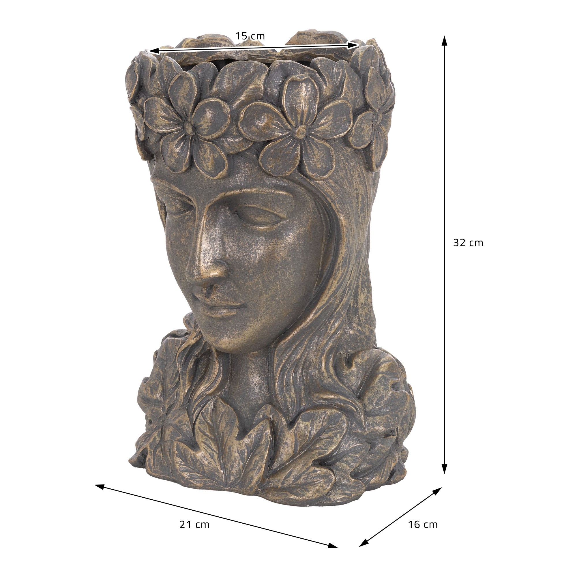 Dekorative Vase in Form eines Frauenkopfes mit Blumenmuster, 32 cm hoch.
