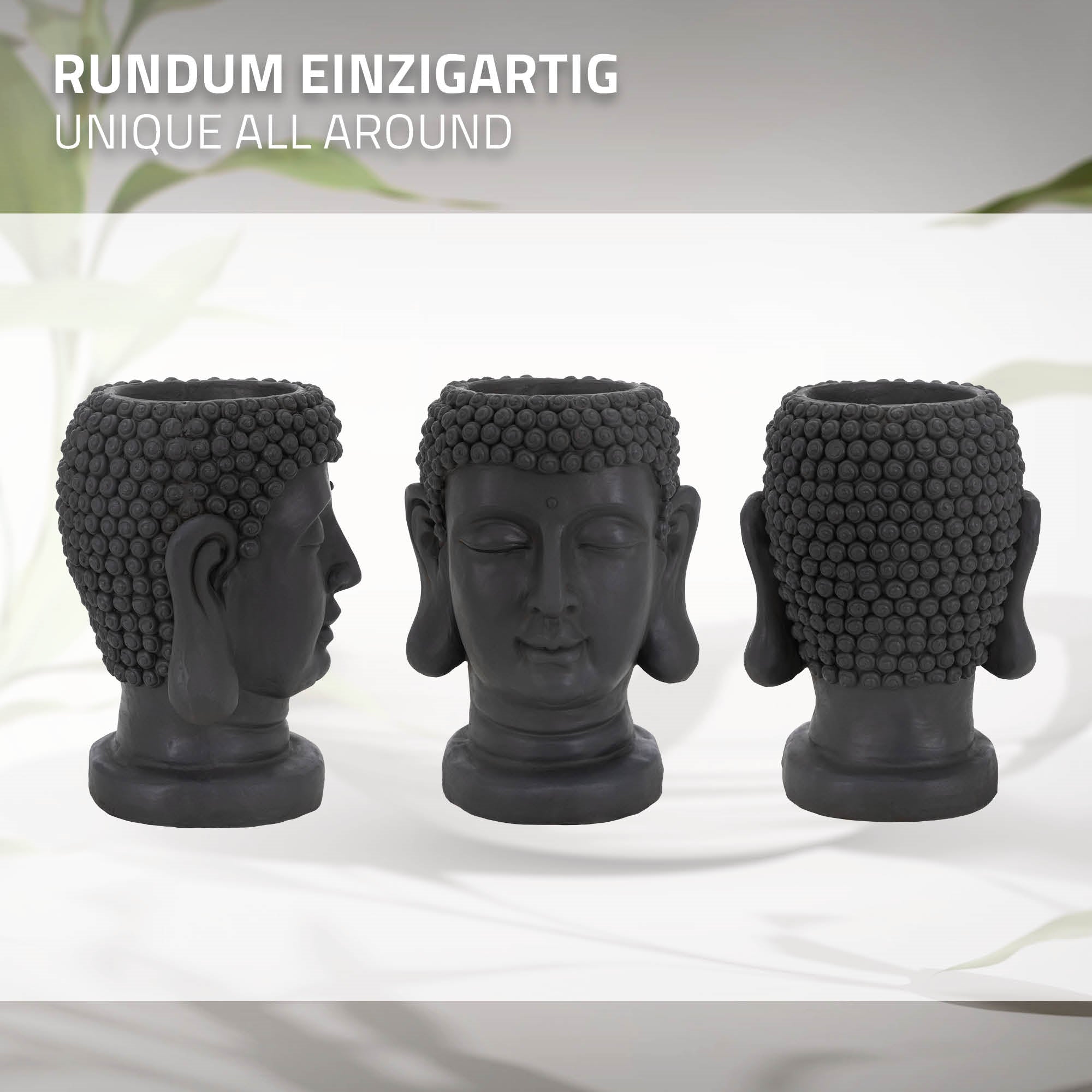 Drei Ansichten eines Buddha-Kopf-Pflanztopfs.
