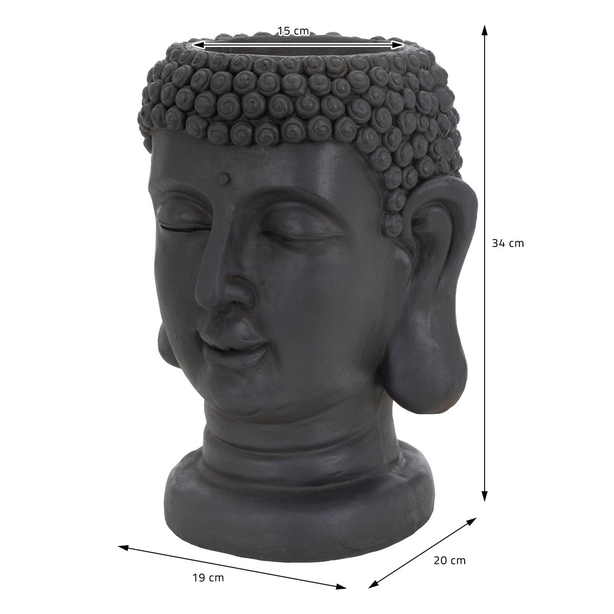 A Buddha-fej méretrajza, a méretek cm-ben megadva.