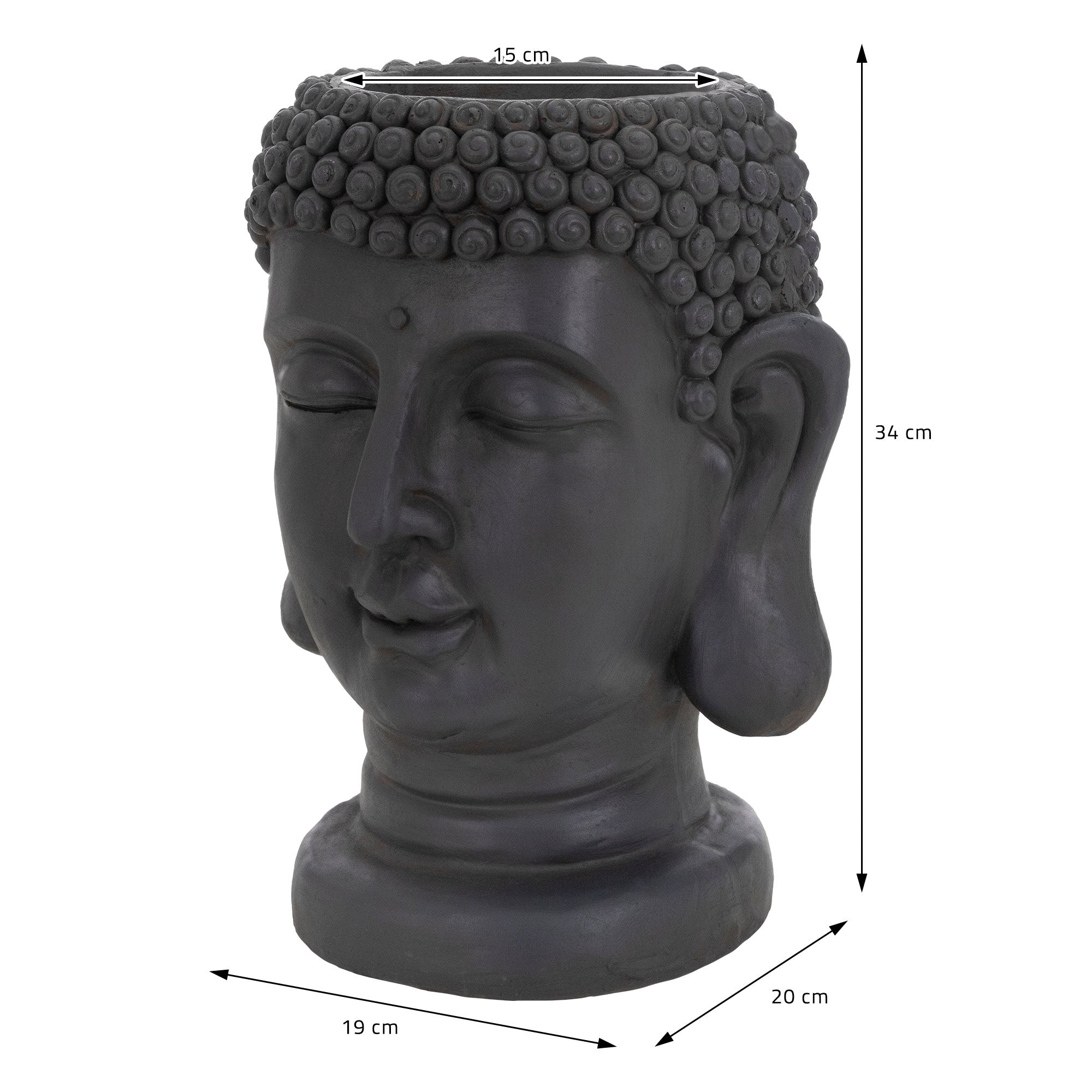 Maßzeichnung des Buddha-Kopfes mit Abmessungen in cm.