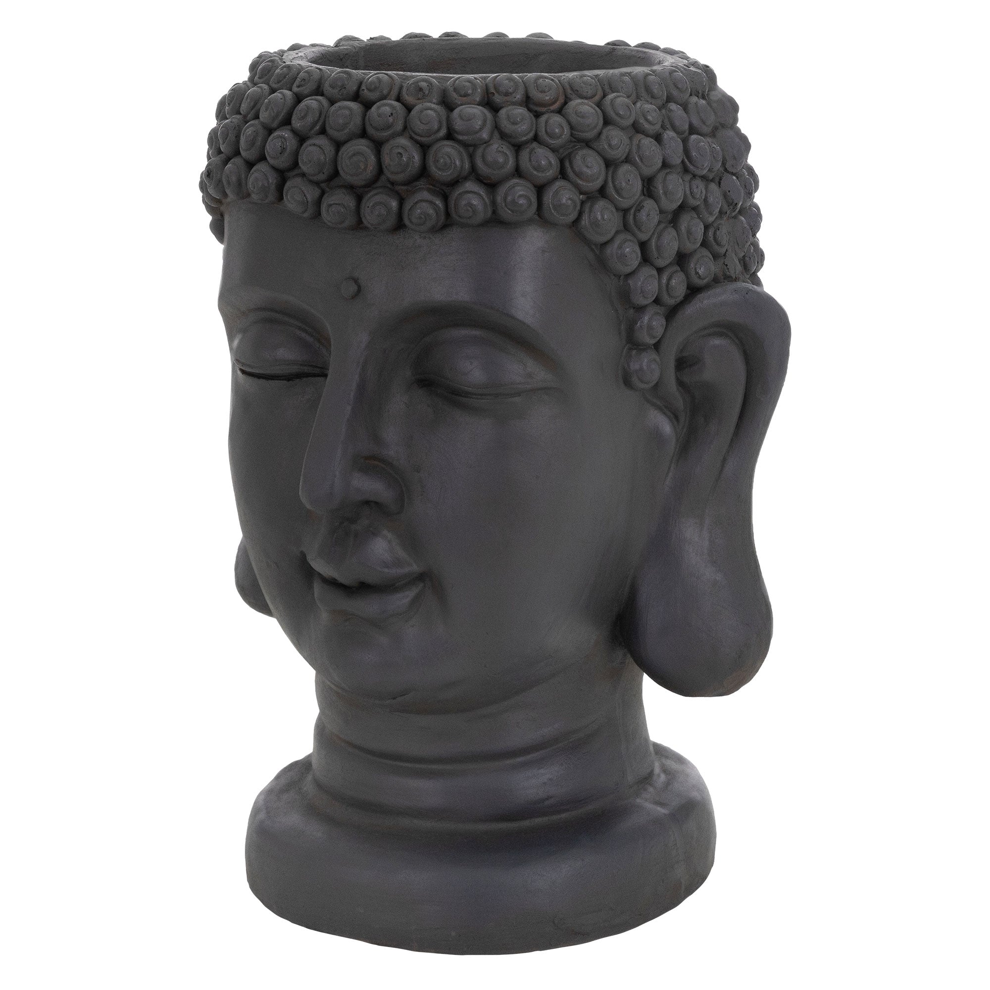 Schwarzer Pflanztopf in Form eines Buddha-Kopfes.