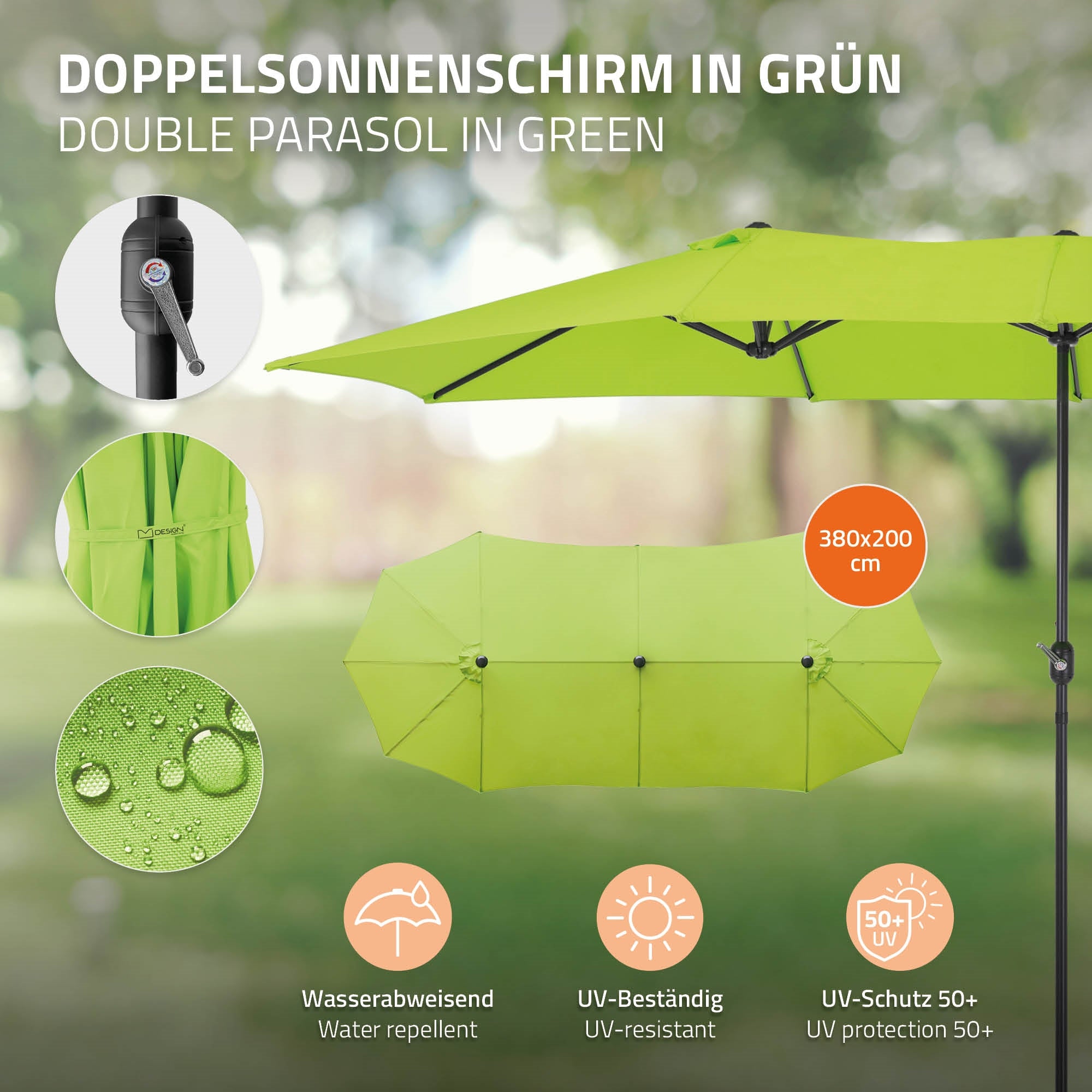 Dubbele parasol in groen, 380x200 cm, waterafstotend, UV-bestendig, UV-bescherming 50+.