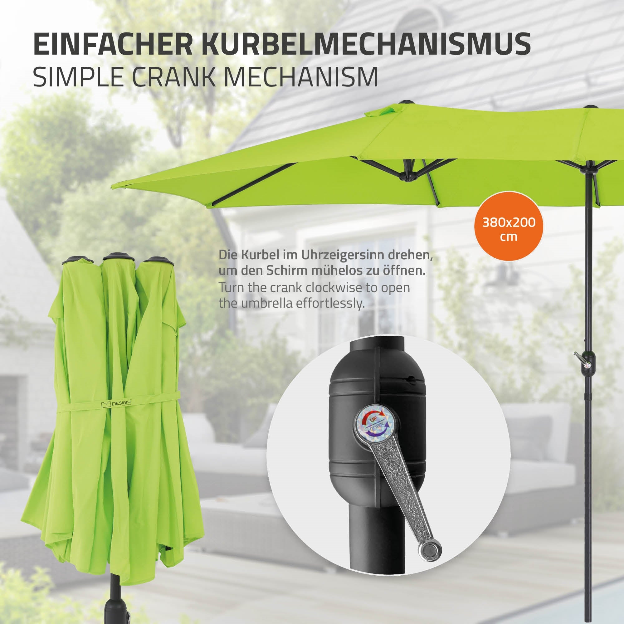 Parasol met een krukmechanisme en groene stof, op een tafel.
