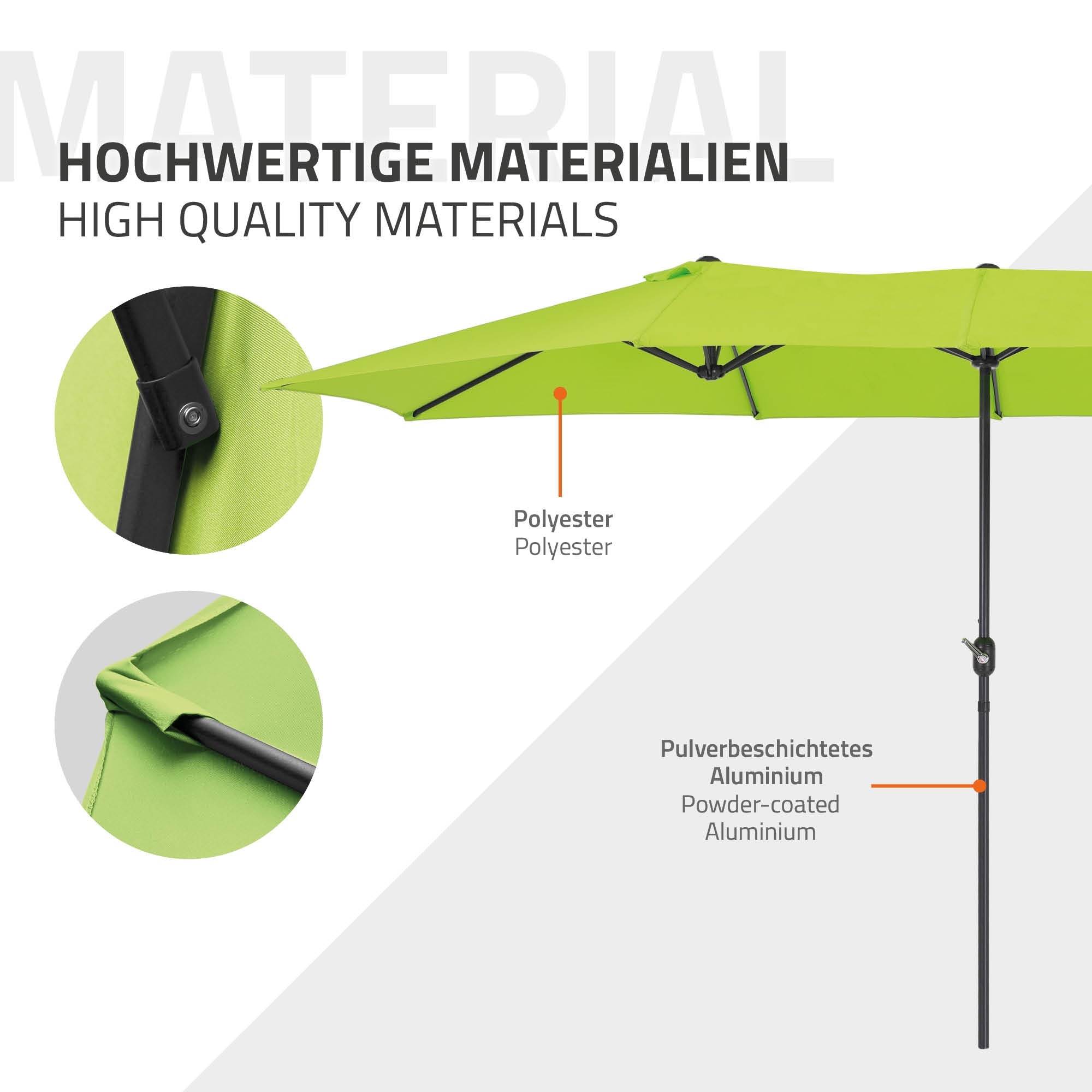 Close-up van een parasol met hoogwaardige materialen.