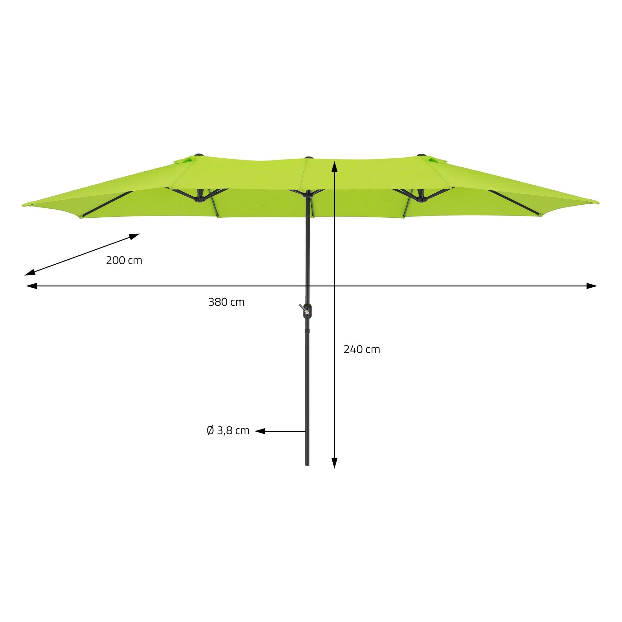 Groene parasol met afmetingen: 200 cm hoogte, 380 cm diameter, 240 cm uitspring.