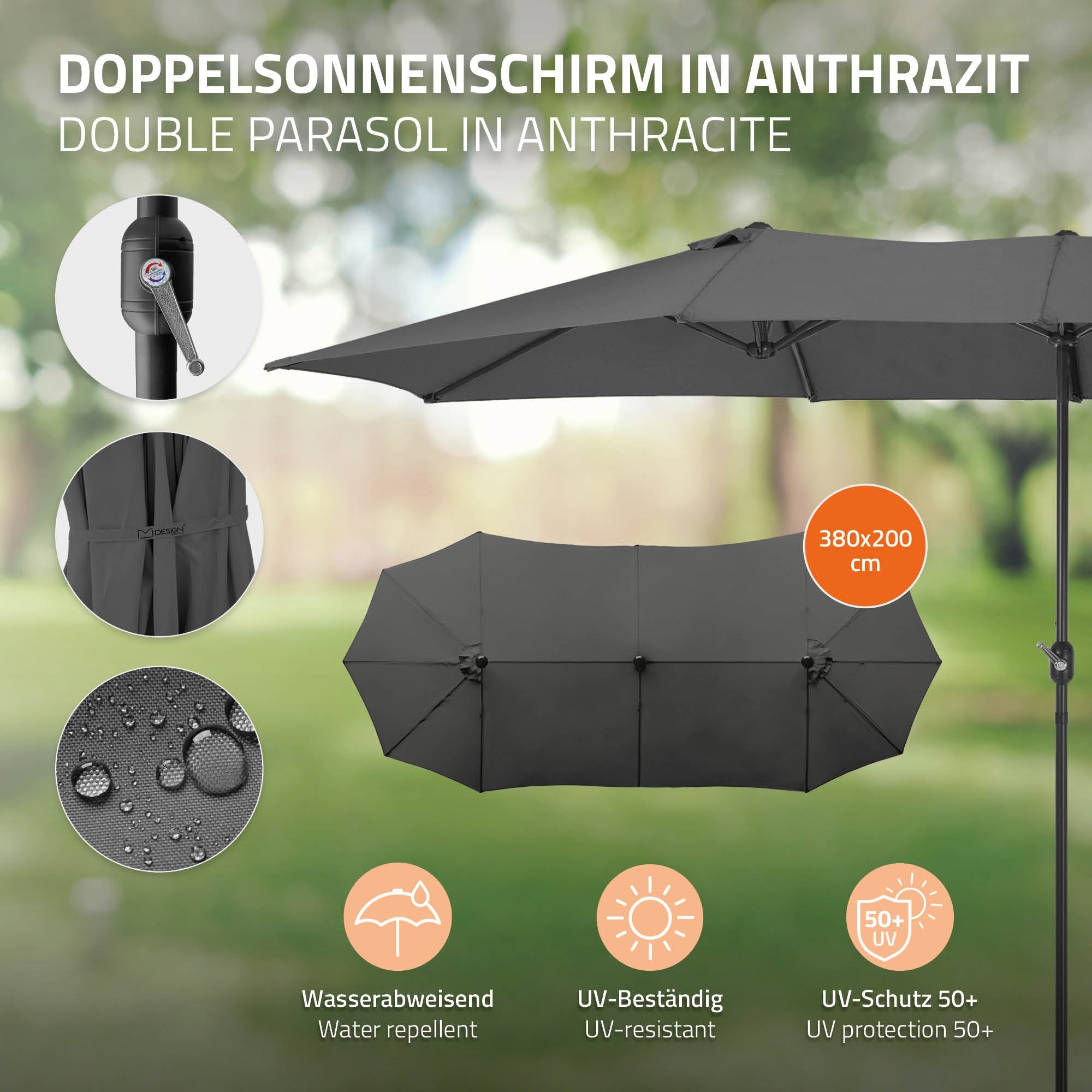 Ombrellone doppio antracite, 380x200 cm, idrorepellente, resistente ai raggi UV, protezione UV 50+.