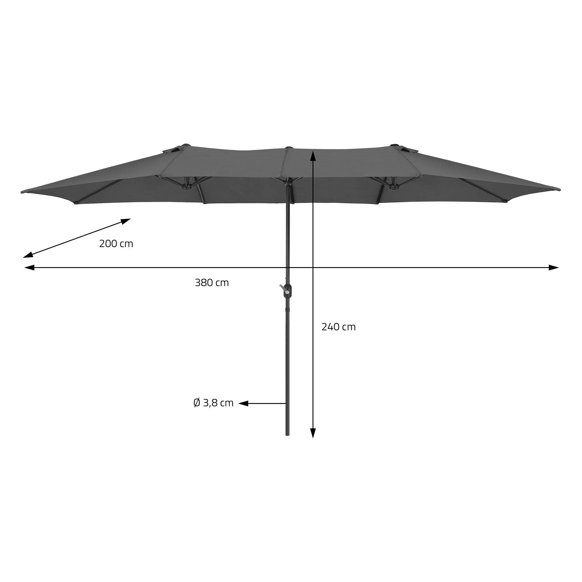 Ombrellone nero con misure: 200 cm di altezza, 380 cm di diametro, 240 cm di sporgenza.