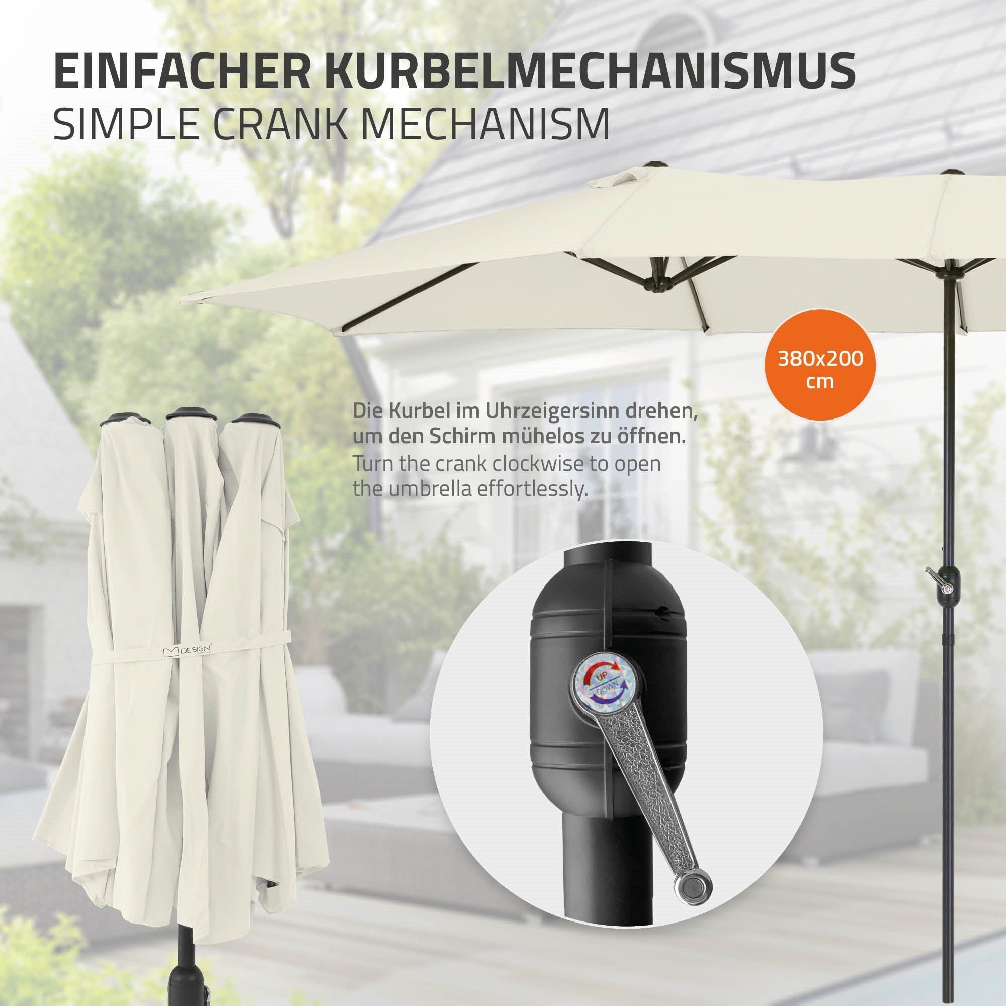 Parasol met slingermechanisme en beschrijving in een buitenruimte.
