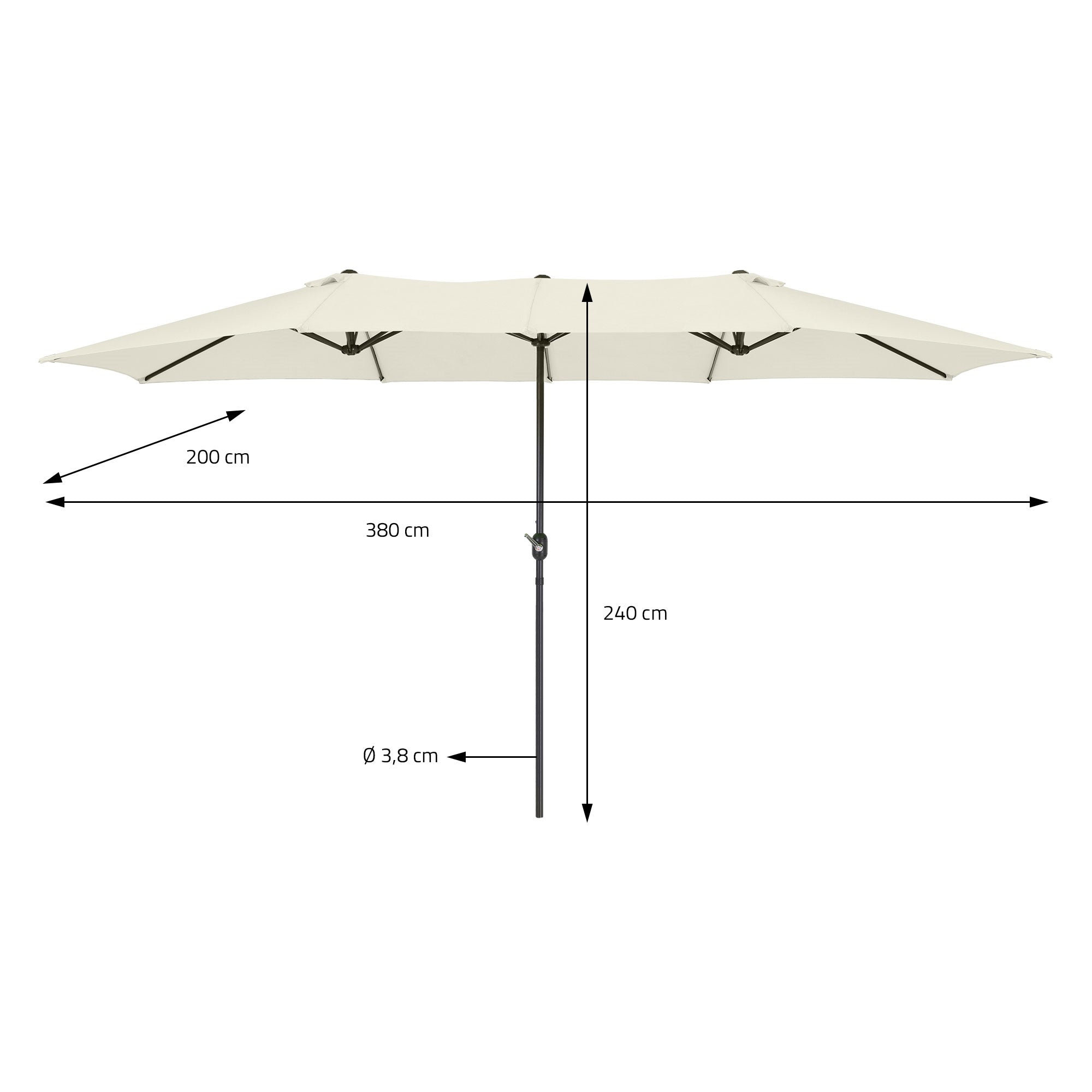 Parasol met afmetingen, in beige, op een grijze achtergrond.
