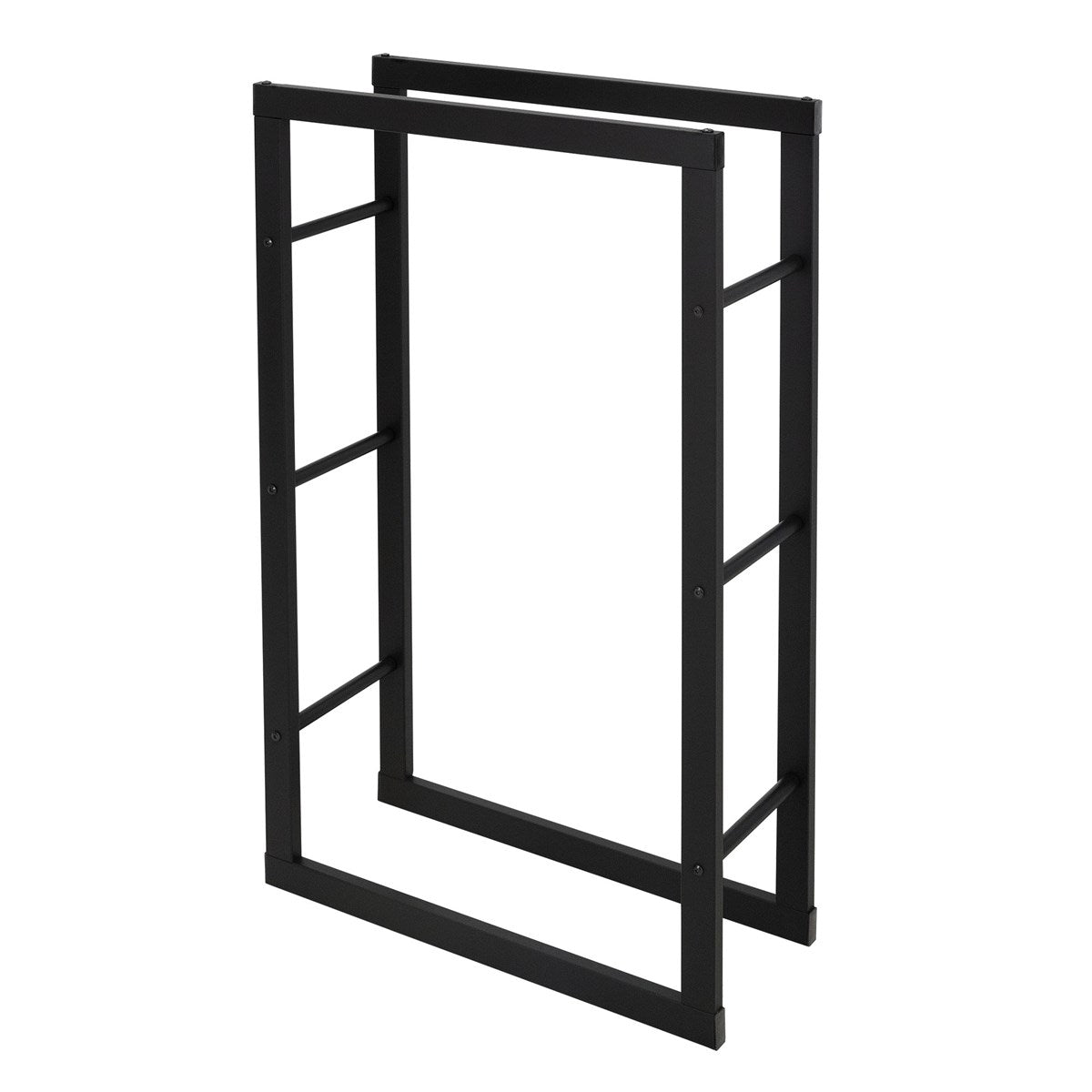 Schwarzes, rechteckiges Gestell mit zwei vertikalen und horizontalen Stangen.