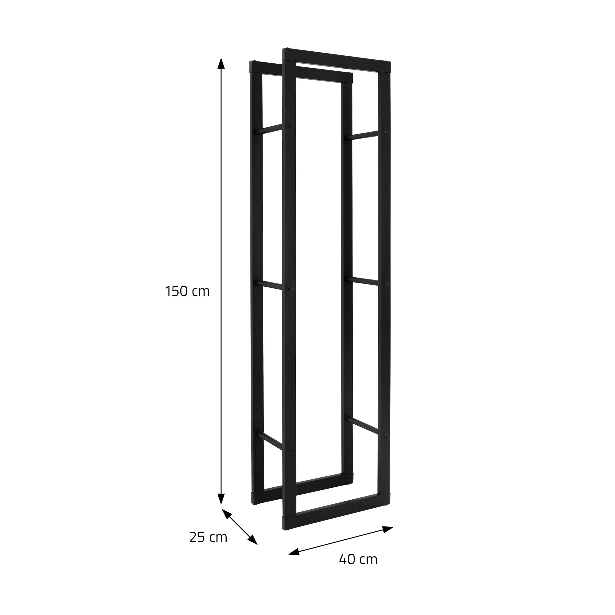 Schwarzer Holzlagerständer mit Maßen: 150 cm hoch, 40 cm breit, 25 cm tief.