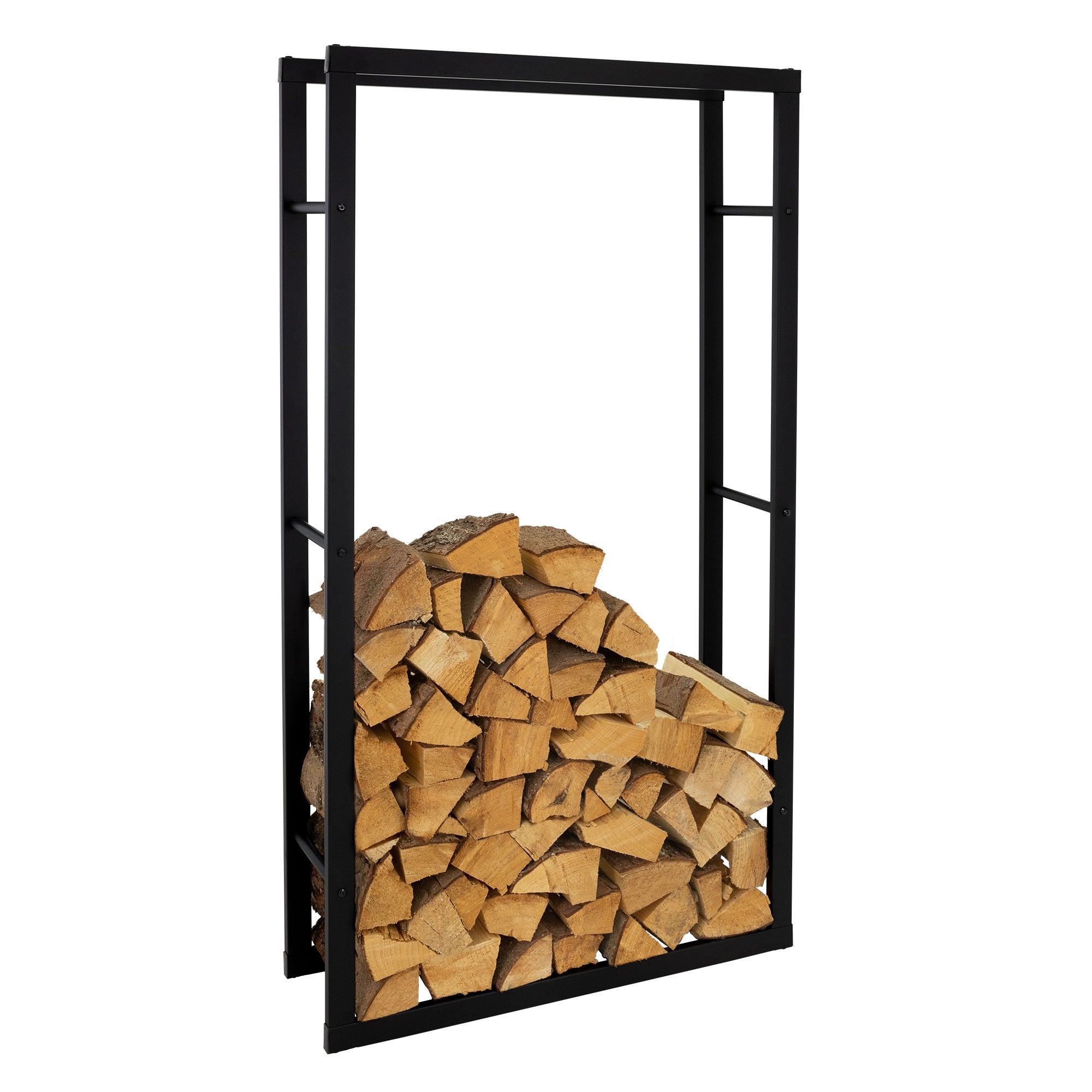 Wooden shelf with stacked wood, black frame.