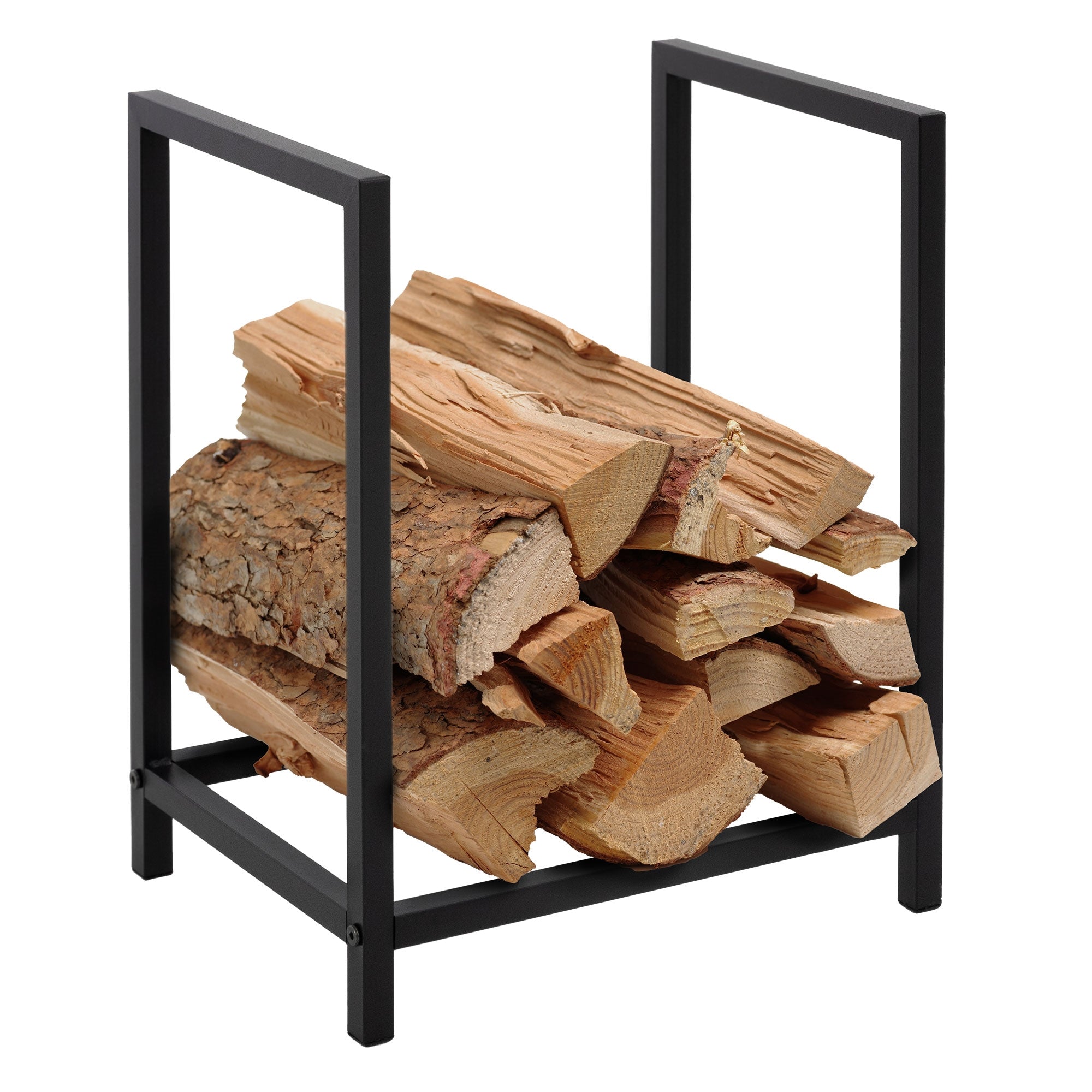 Black wooden stand with stacked logs.