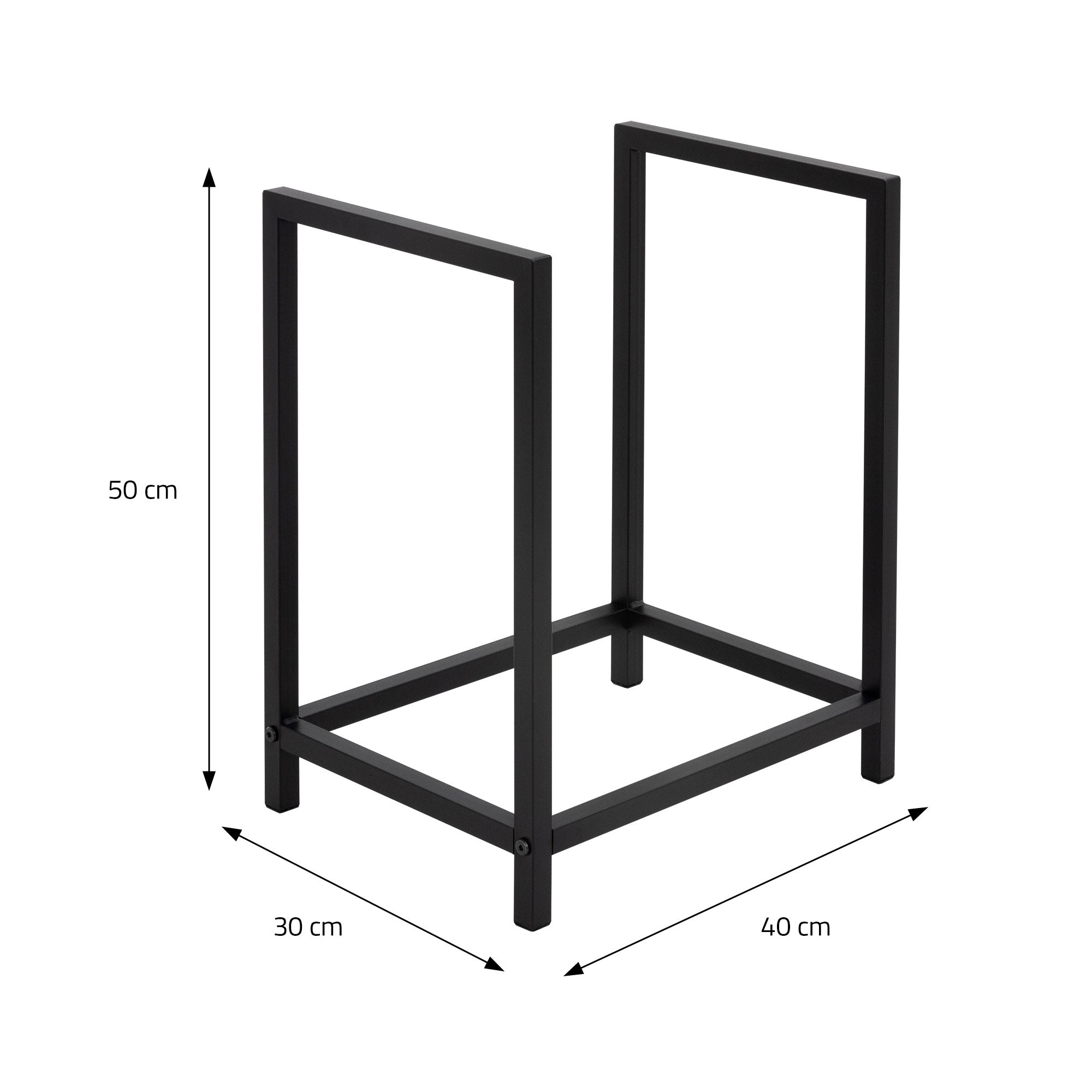 Black metal frame with dimensions: 50 cm high, 30 cm wide, 40 cm deep.