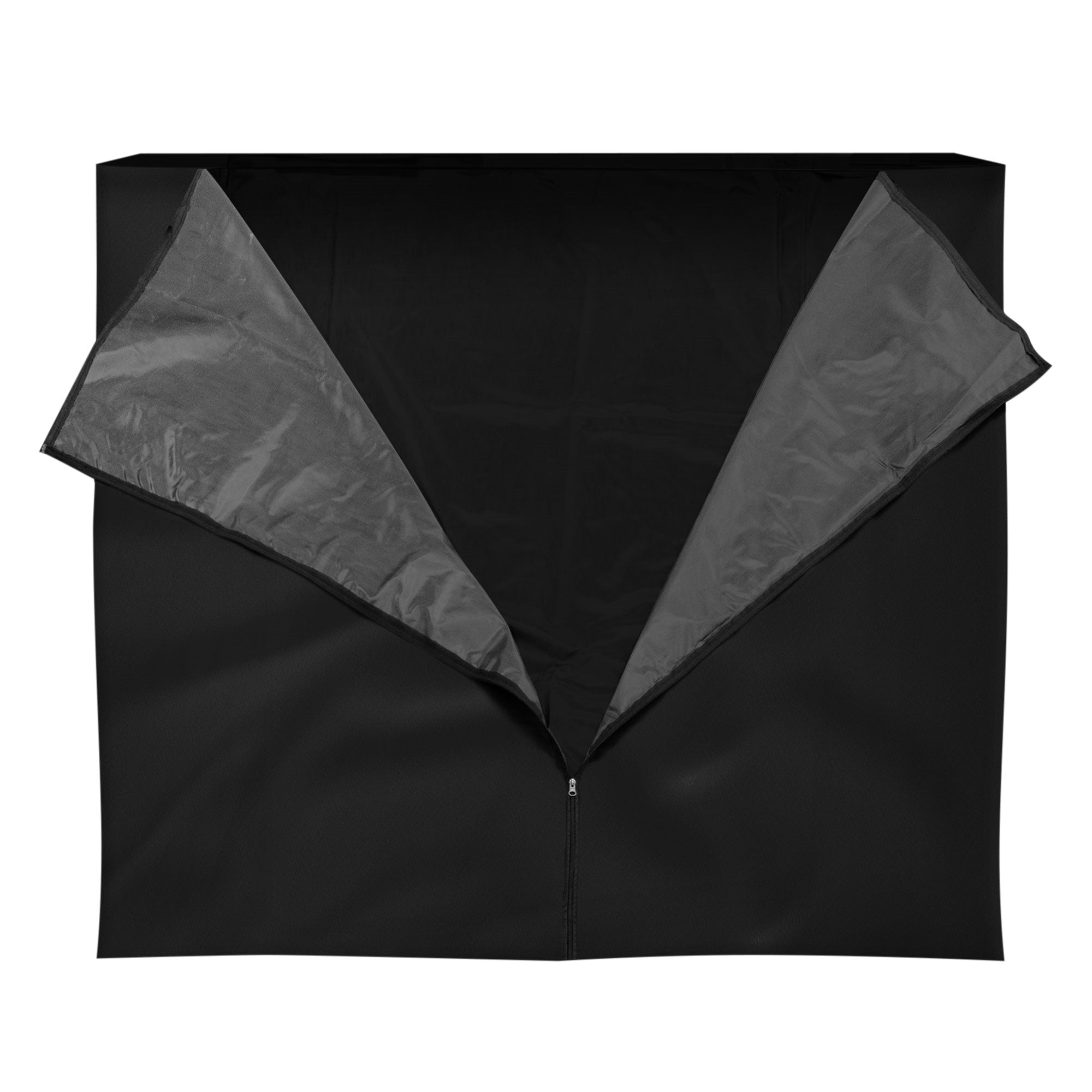 Schwarze Abdeckung mit grauem Innenfutter, geöffnet.