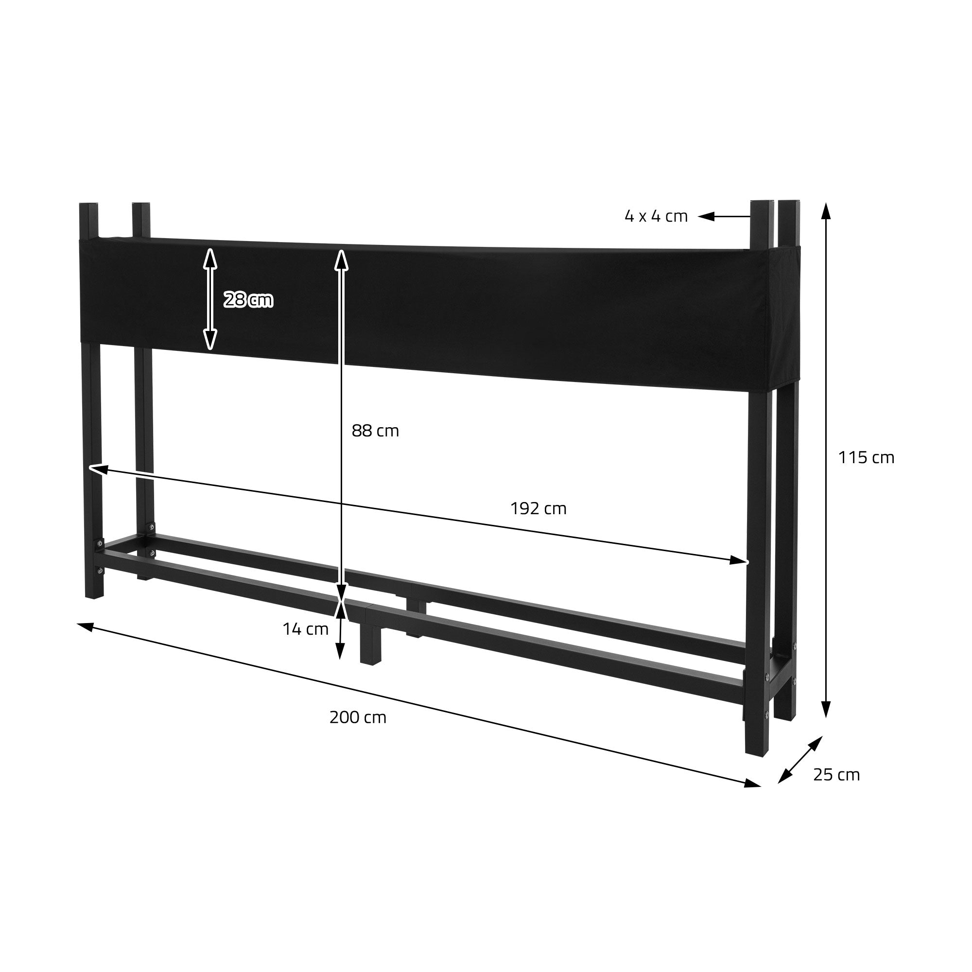 Schwarzer Pflanztisch mit Maßen, 115 cm hoch, 200 cm breit.