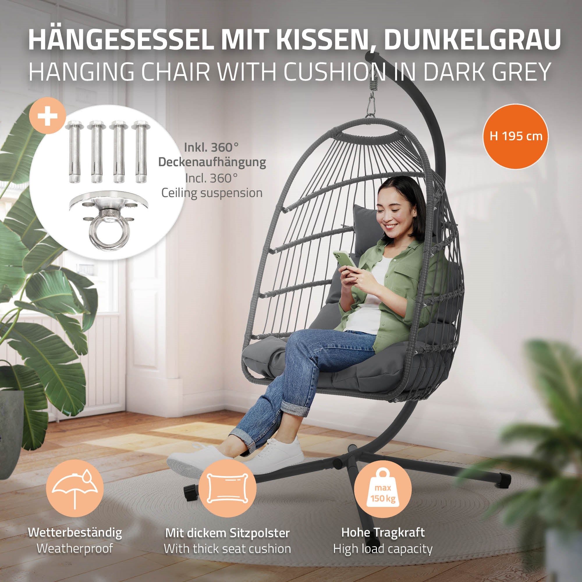 Sötétszürke függőfotel, párnával, felfüggesztési alkatrészekkel.