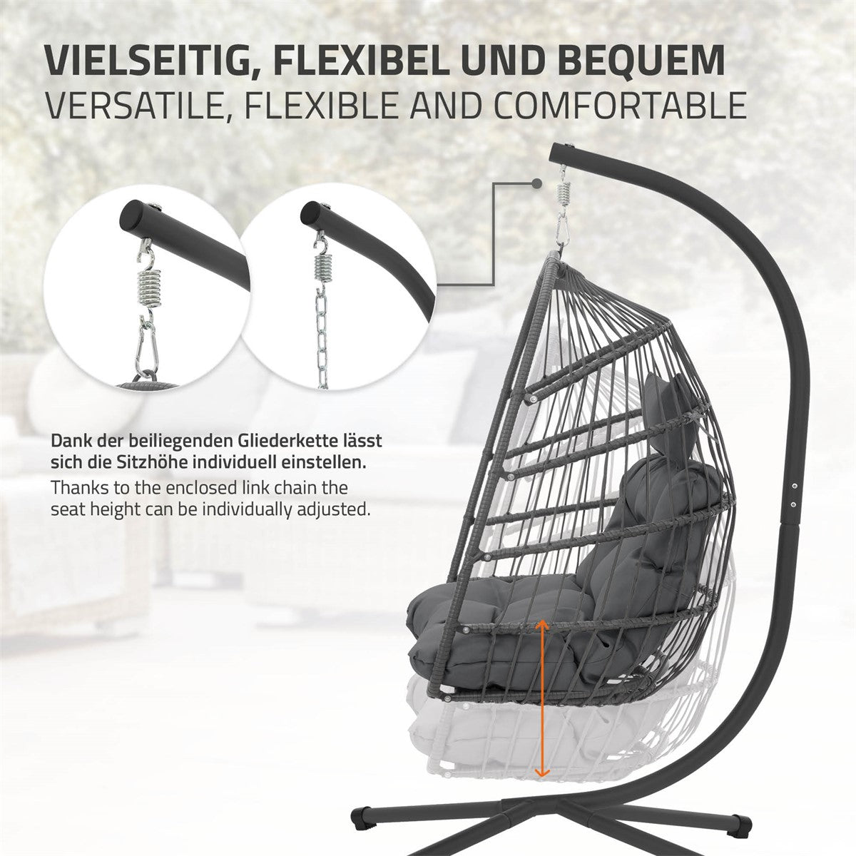 Hängesessel mit verstellbarer Sitzhöhe und bequemen Kissen.