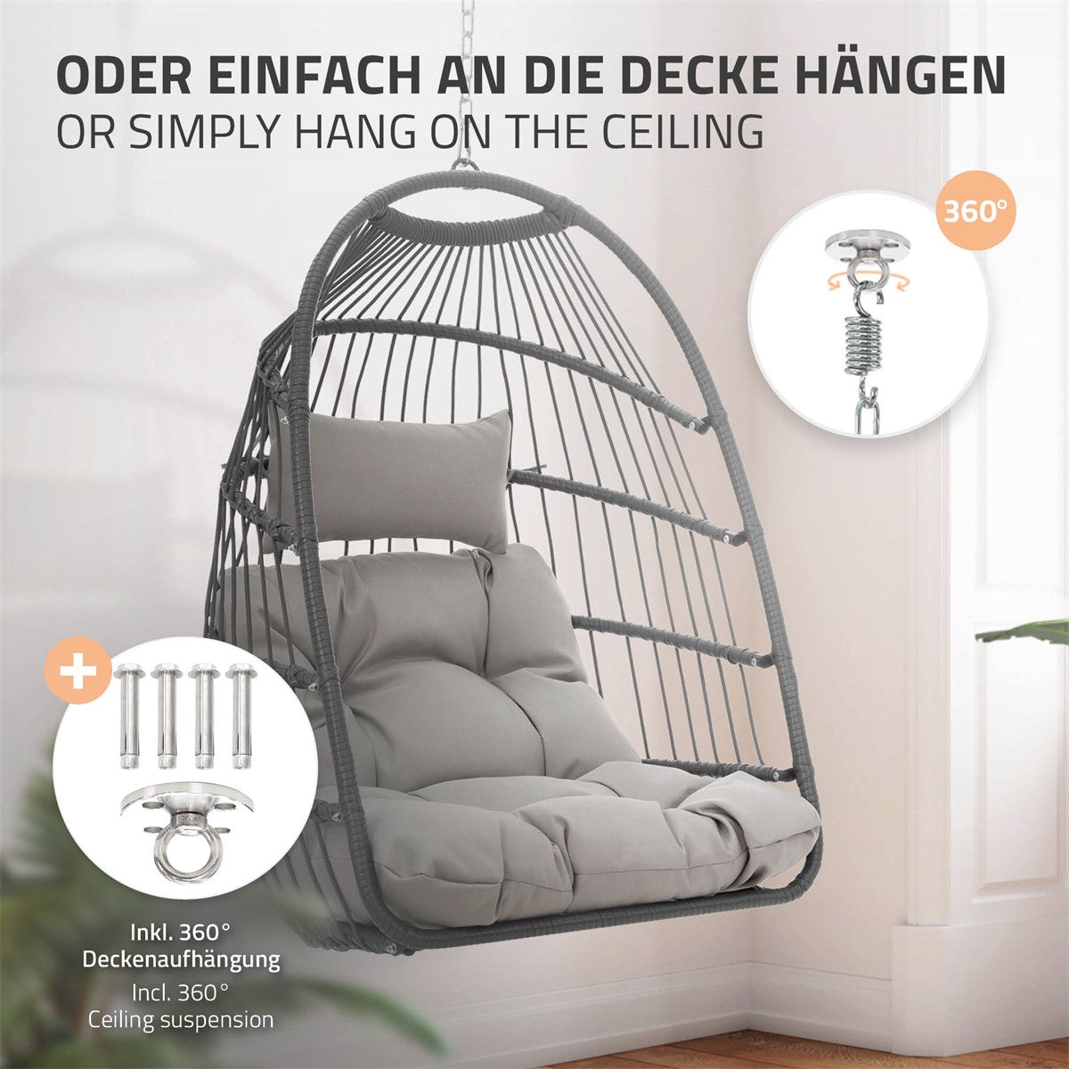 Hängesessel mit Deckenaufhängung und 360° Drehfunktion.