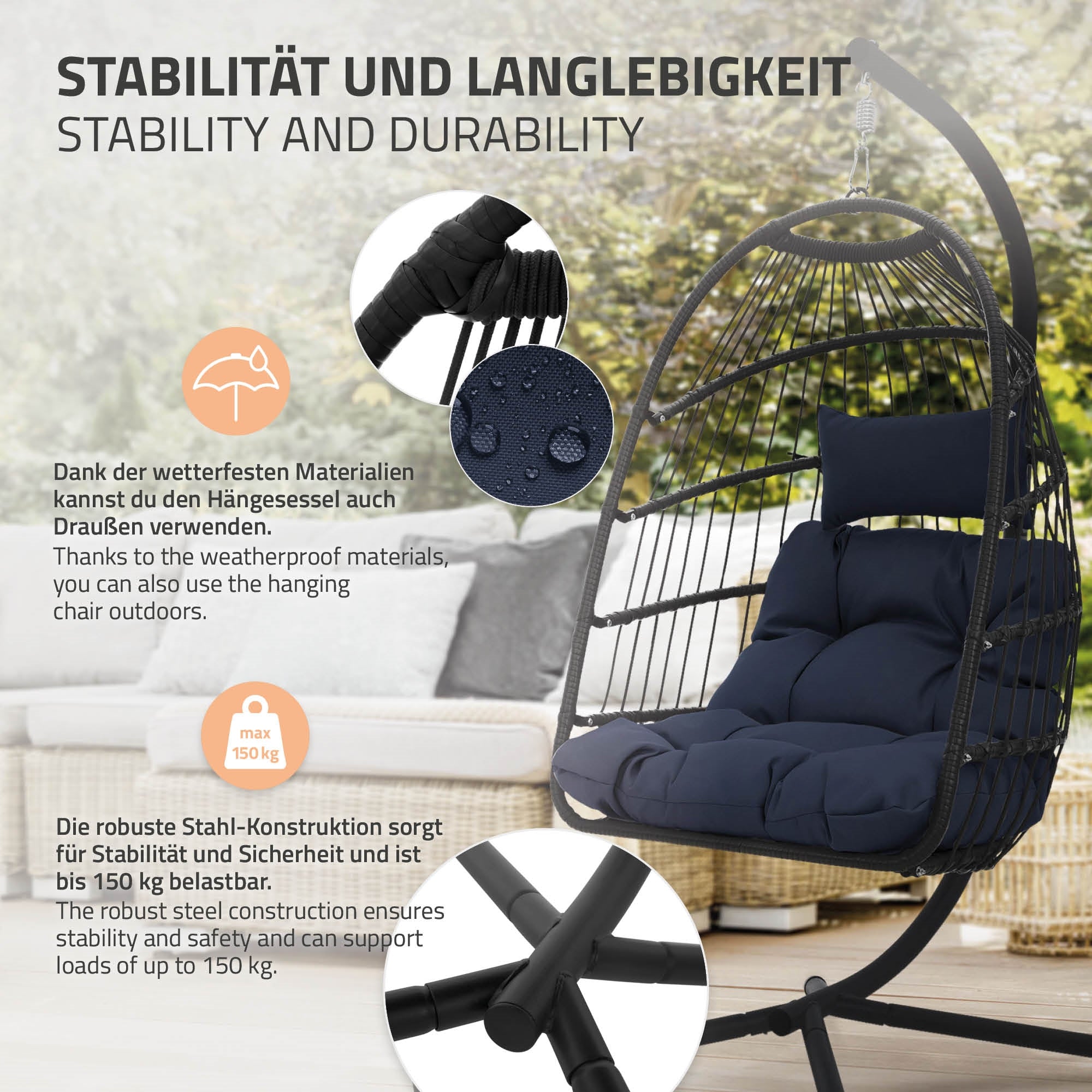 Ein hängender Stuhl mit Kissen, umgeben von Pflanzen, auf einem hellen Hintergrund.