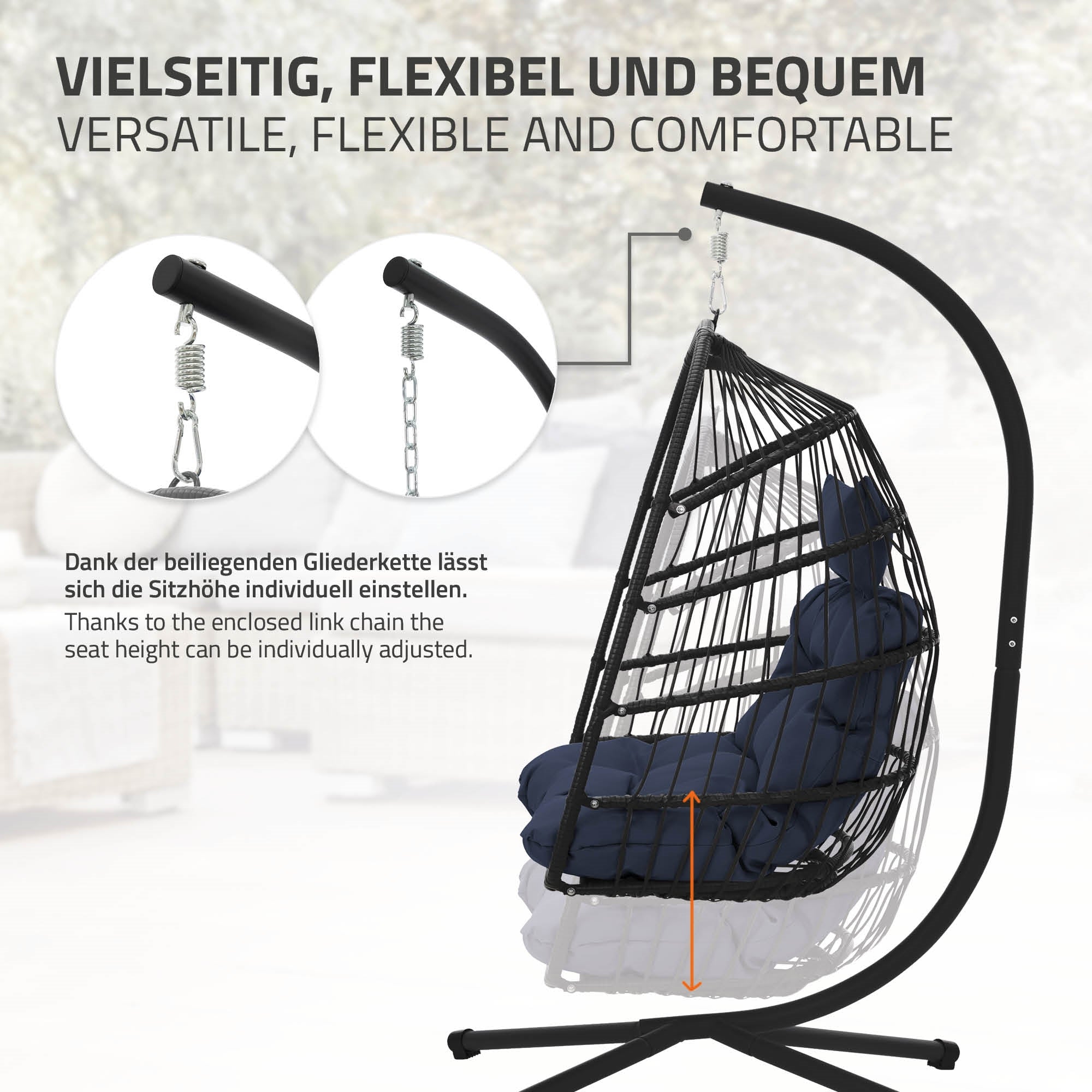 Hängesessel mit verstellbarer Kette und gepolstertem Sitzkissen.