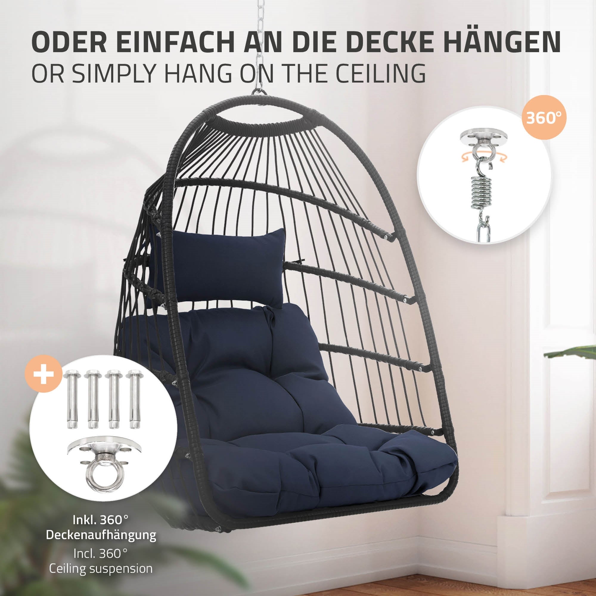 Hängesessel mit Kissen, der an der Decke hängt, mit Montagezubehör.