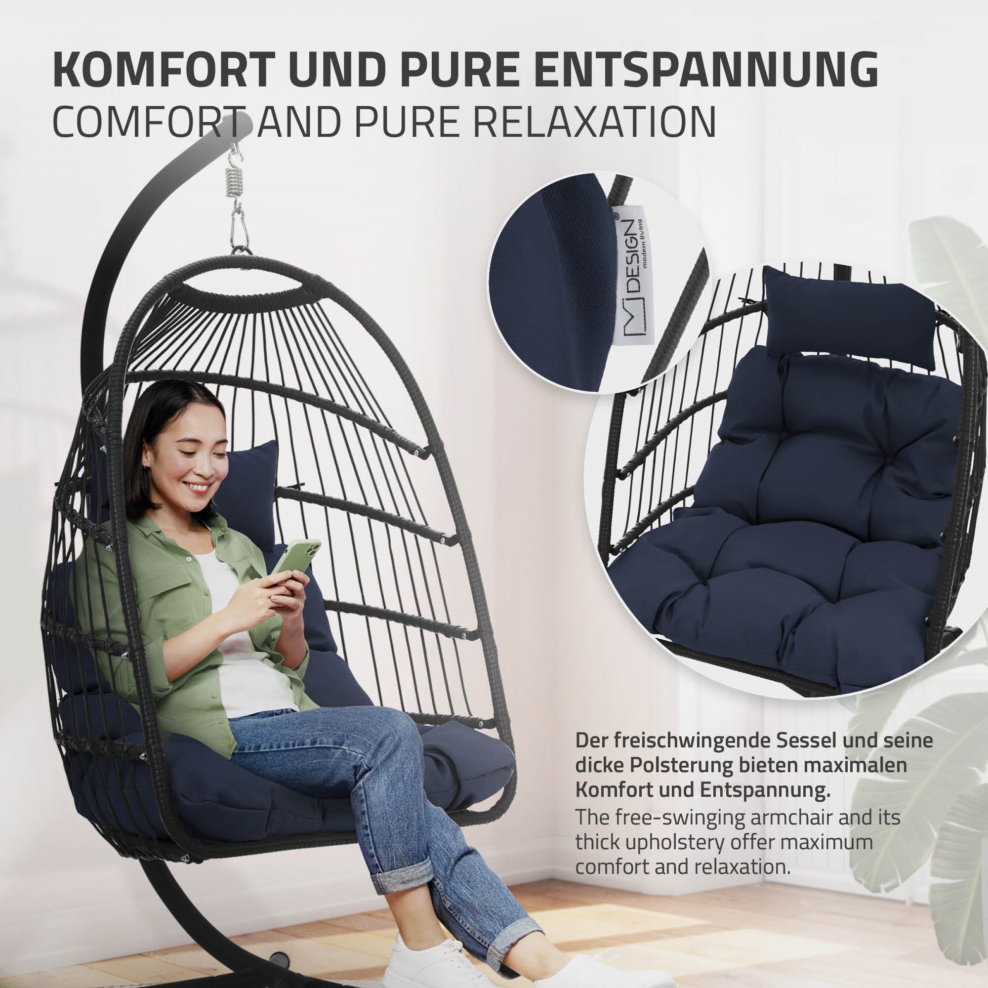 Frau sitzt in einem Hängesessel und nutzt ein Smartphone, entspannende Umgebung.