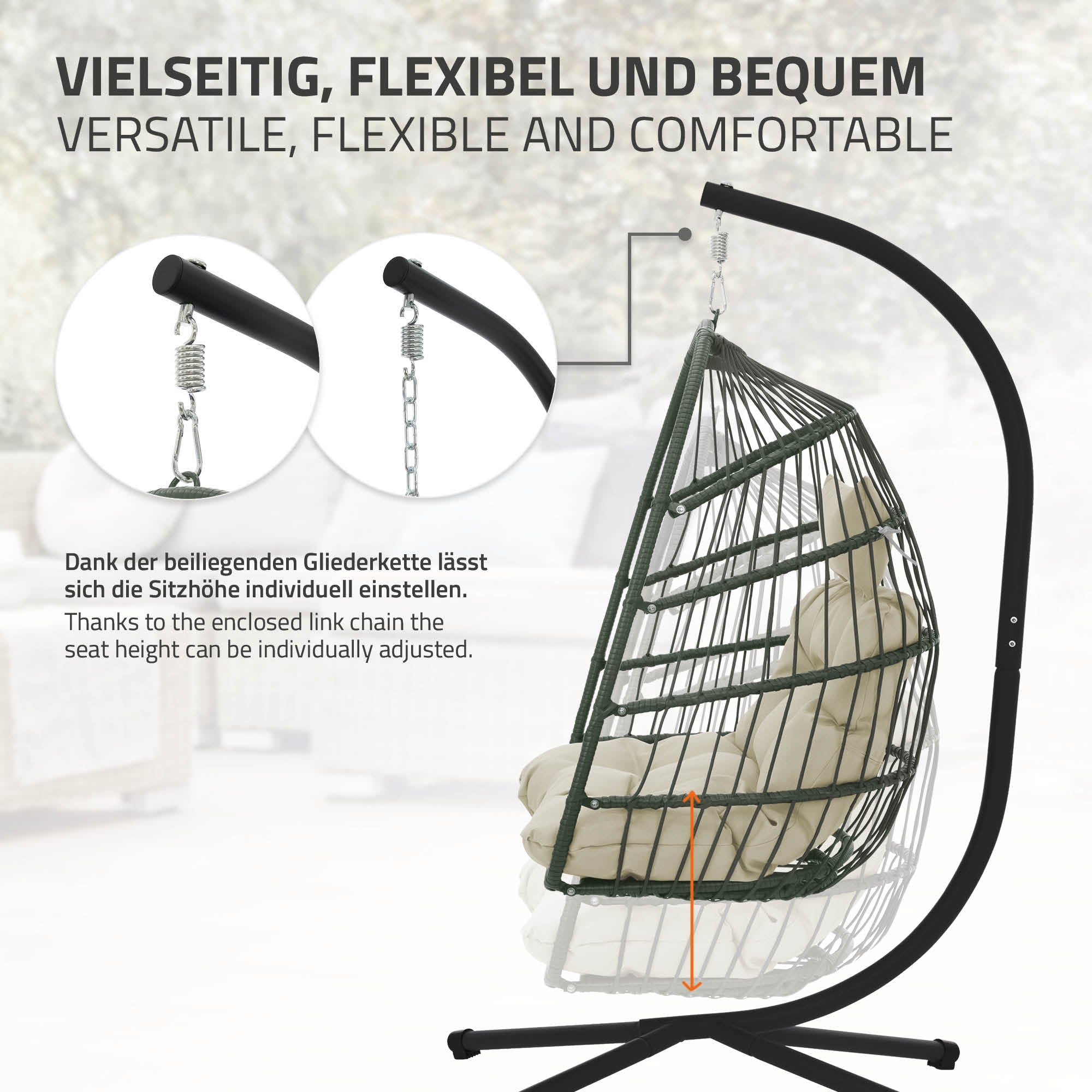Fauteuil suspendu avec chaîne réglable et coussins confortables.