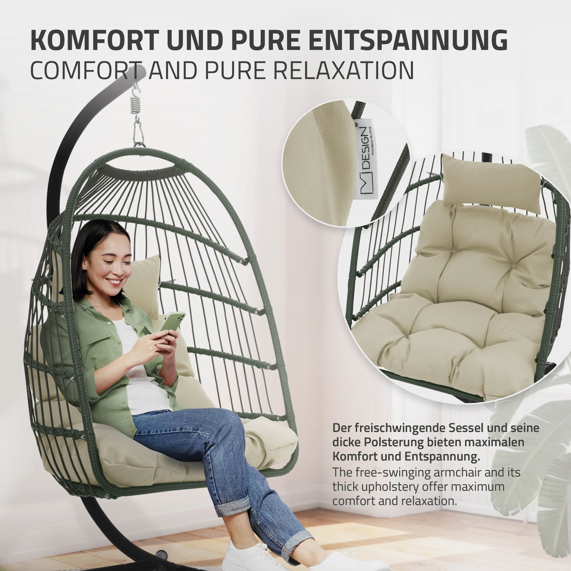 Femme assise dans un fauteuil suspendu avec coussin dans une pièce lumineuse.