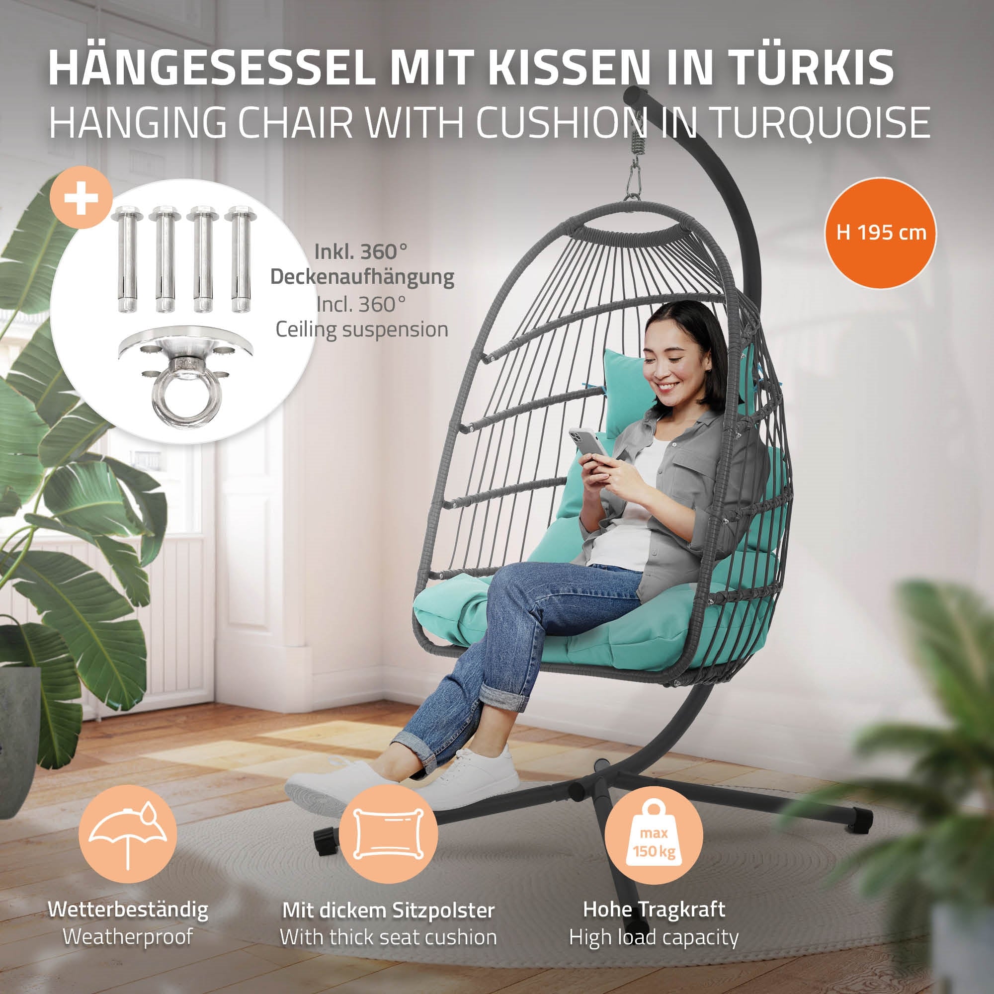 Chaise suspendue turquoise avec coussins et suspension au plafond.