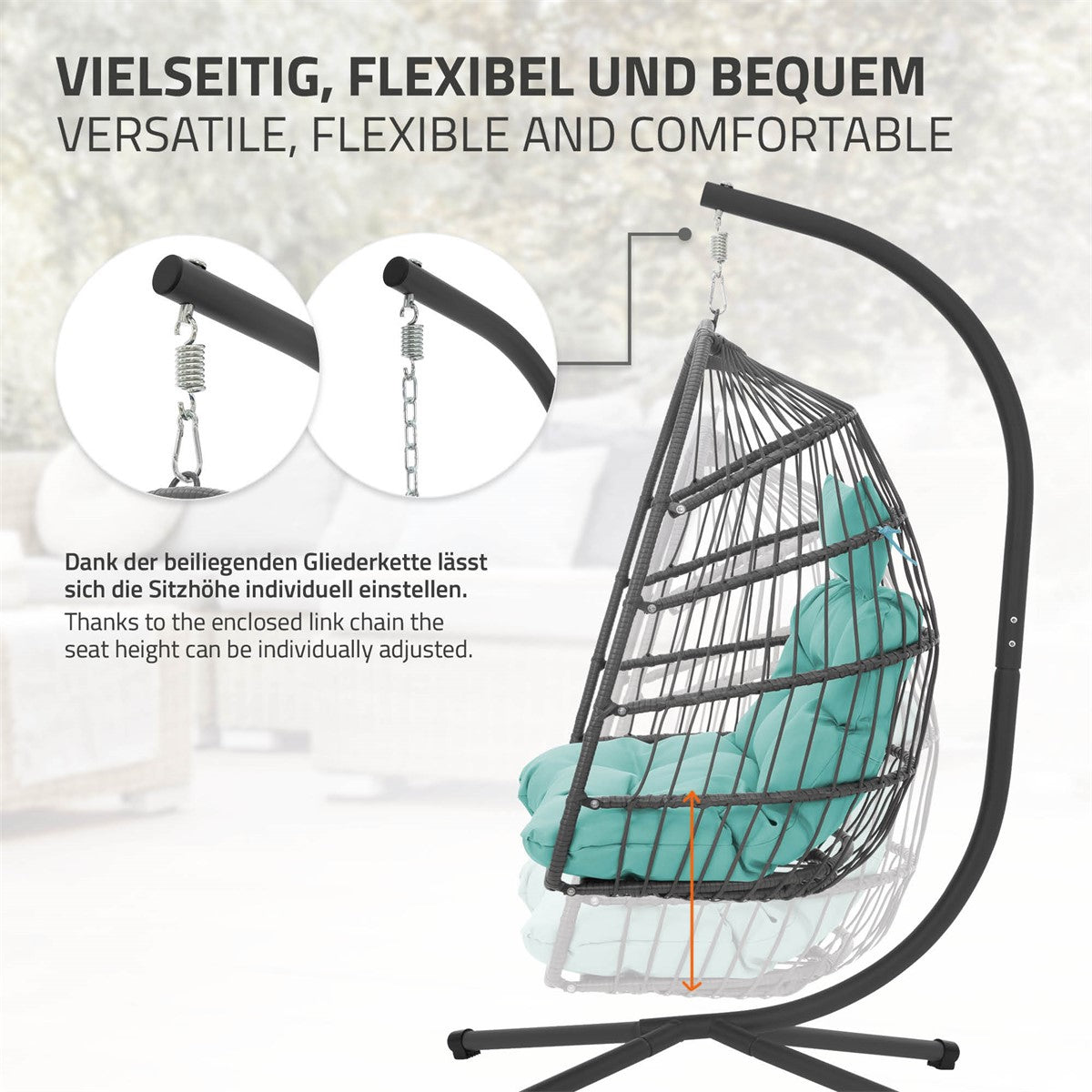 Hängesessel mit verstellbarer Sitzhöhe und stabiler Konstruktion.