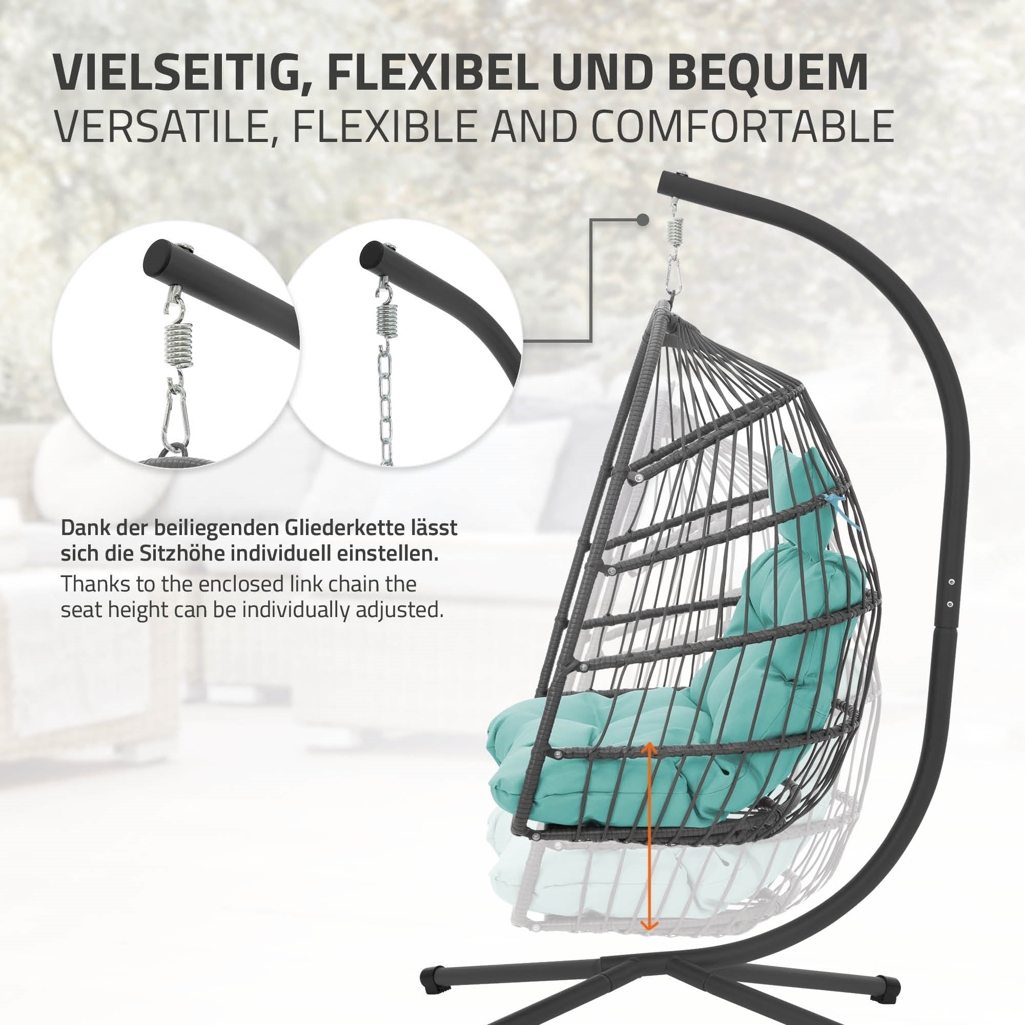 Chaise suspendue avec hauteur de siège réglable et construction stable.