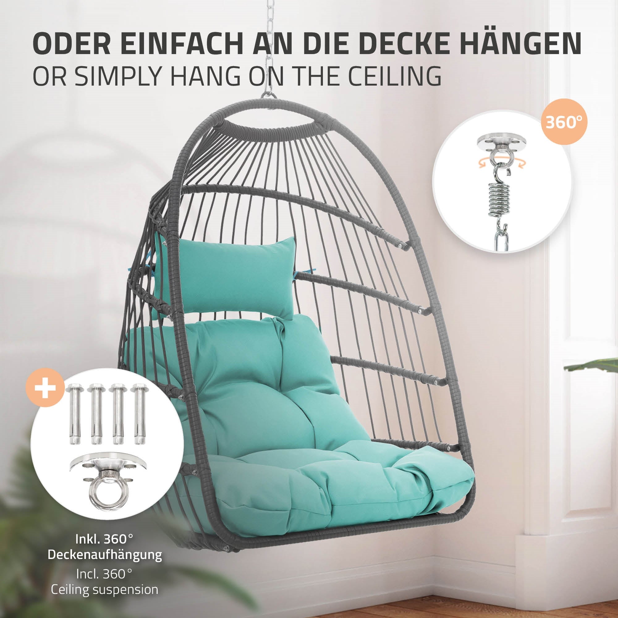 Chaise suspendue avec coussins, suspension au plafond et accessoires sur une image.