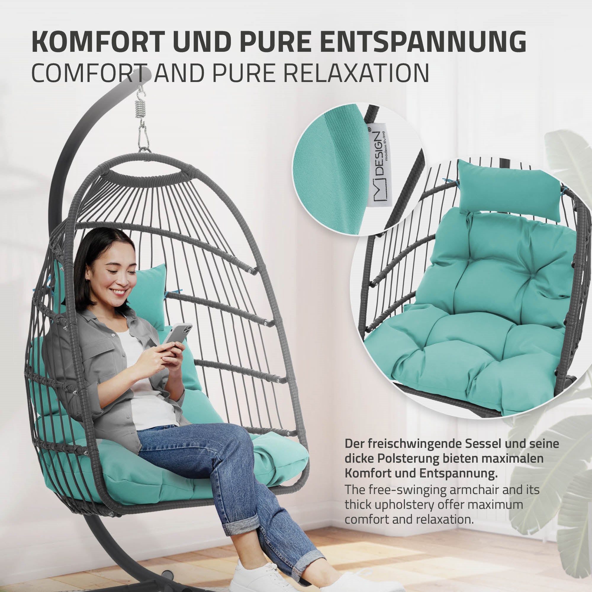 Femme assise confortablement dans une chaise suspendue avec un coussin turquoise en regardant son téléphone.