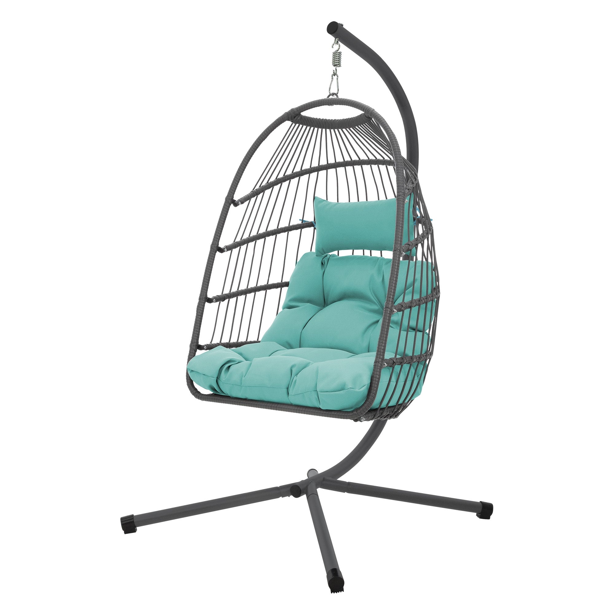 Chaise suspendue turquoise avec coussins, sur un cadre stable.