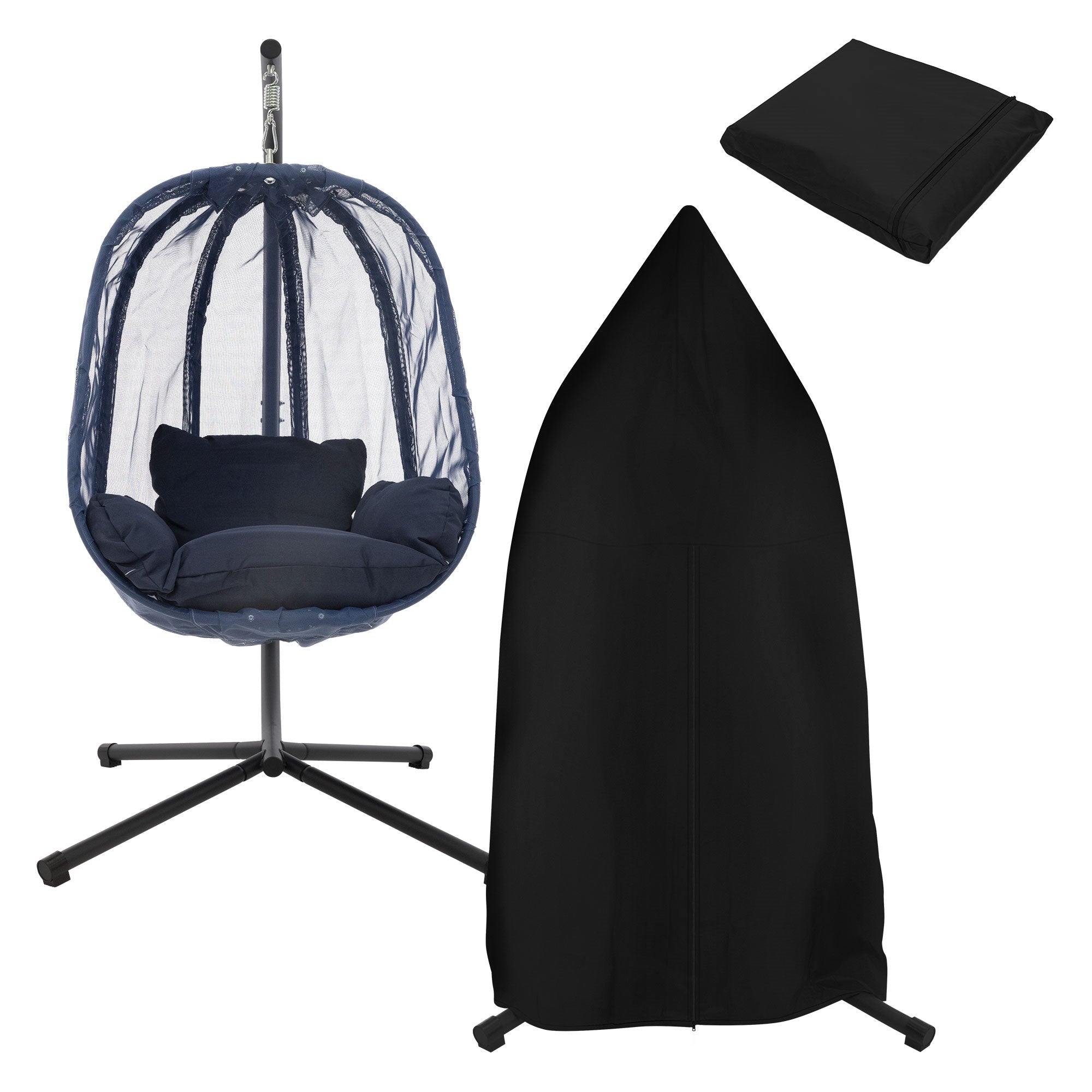 Hängesessel mit abnehmbarem Bezug und Schutzhaube in Schwarz.
