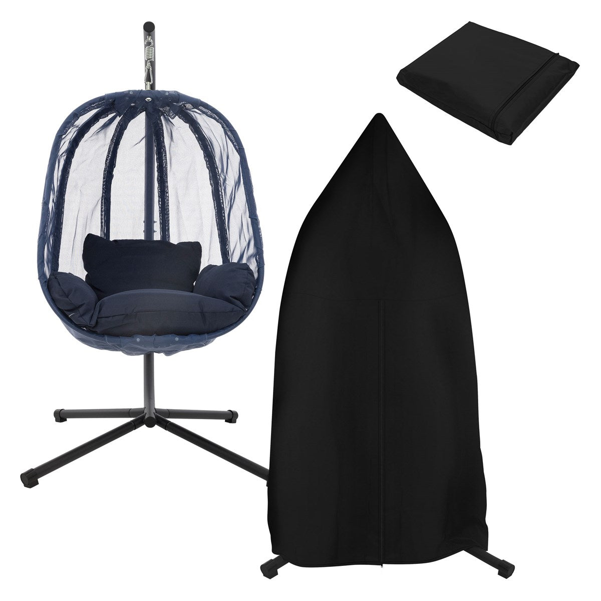 Hängesessel mit abnehmbarem Bezug und Schutzhaube in Schwarz.