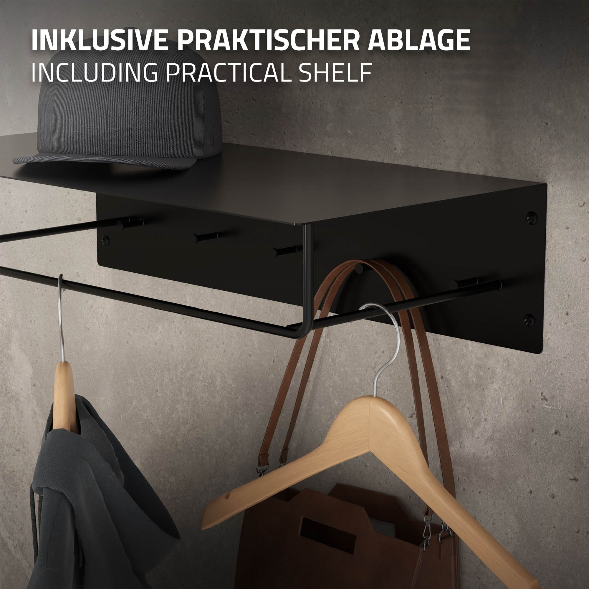 Schwarze Ablage mit Kleiderstange und zwei Kleidungsstücken.