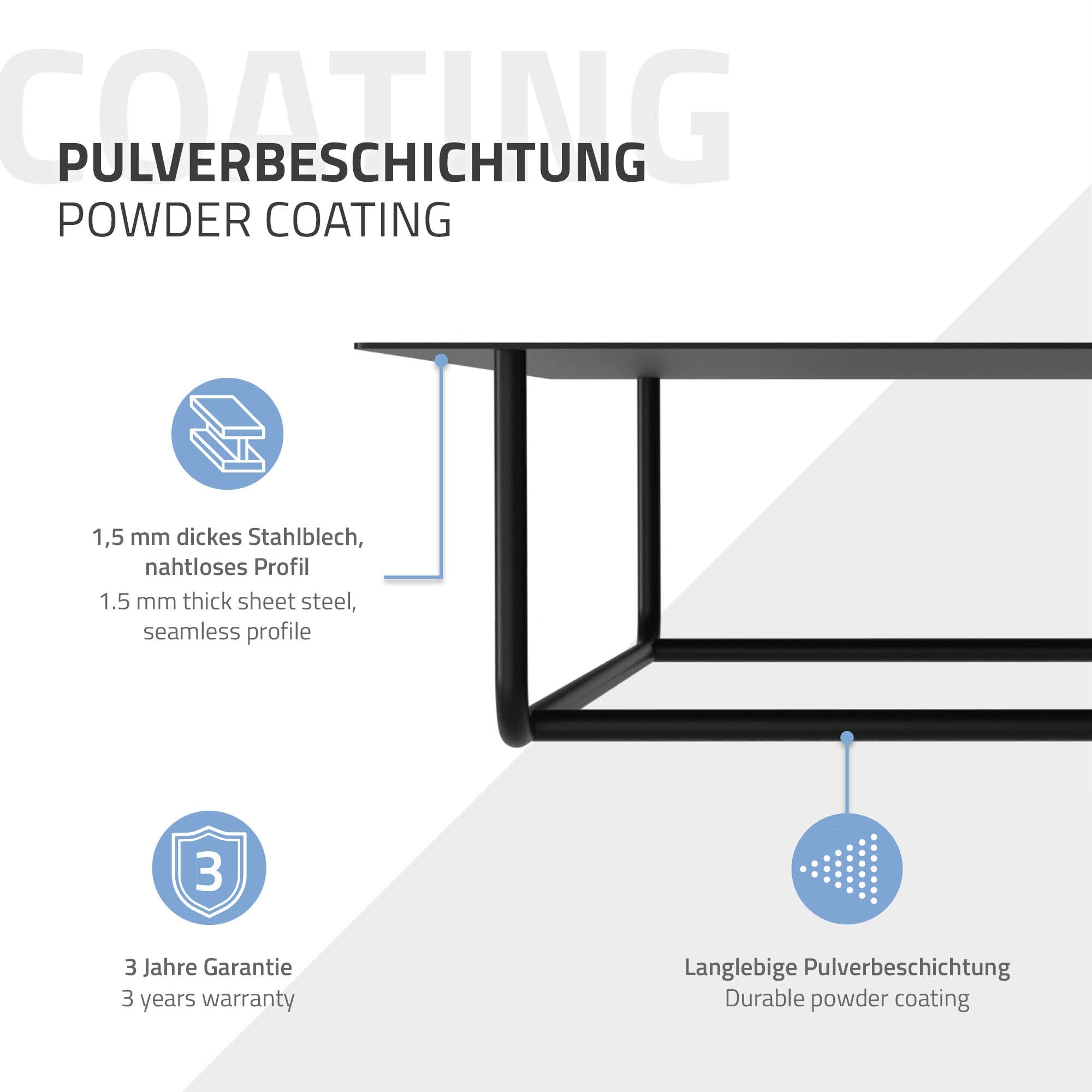 Detailansicht eines Tischgestells mit pulverbeschichtetem Stahl.